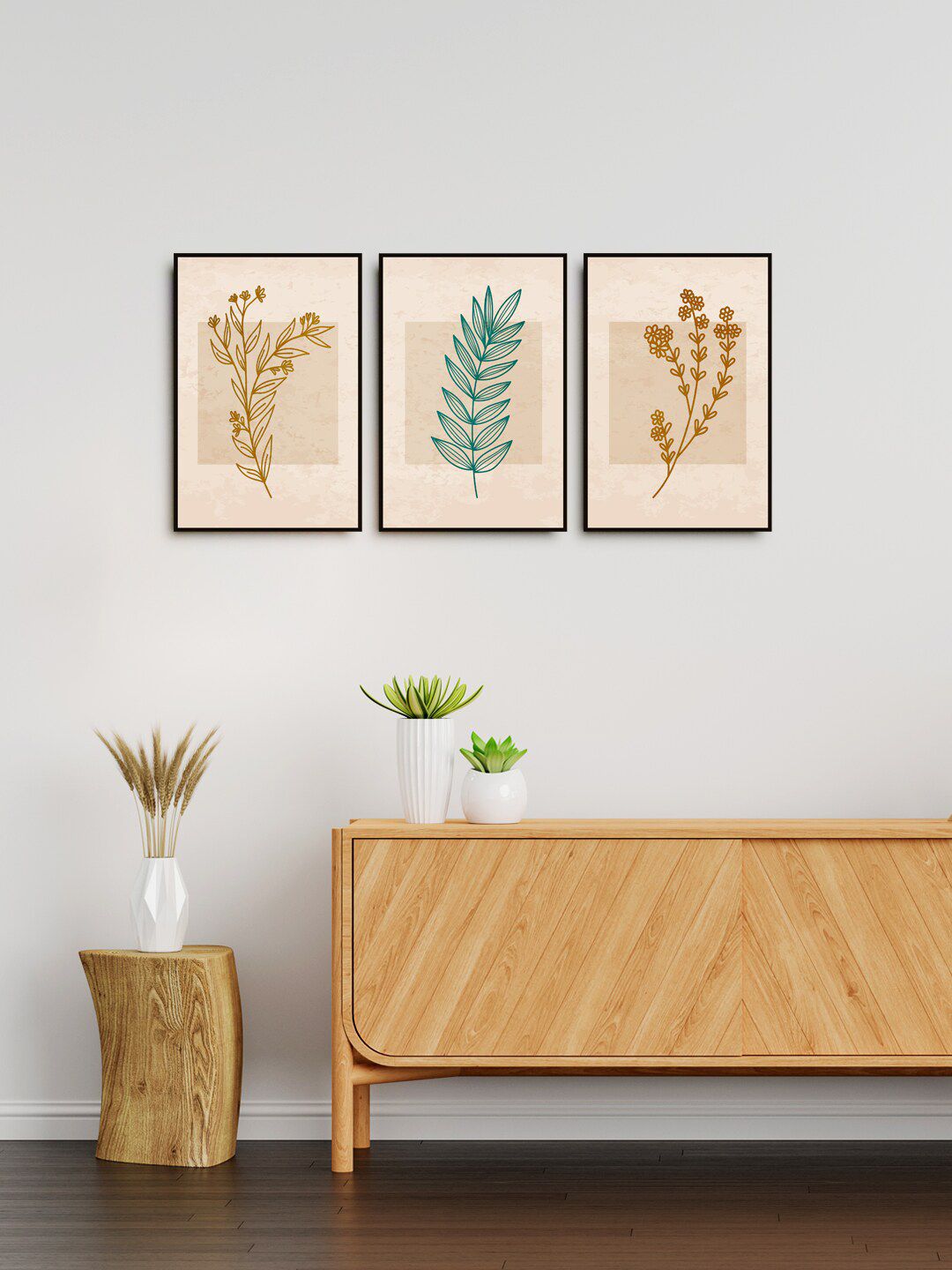 999Store Set of 3 Nude-Colored & Green Printed Floral  Wall Art Price in India