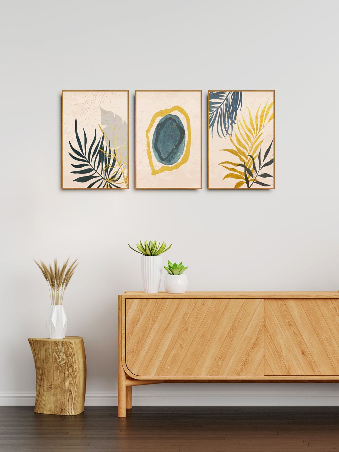 999Store Set Of 3 Brown & Yellow Palm Leaf Painted Wall Art Price in India