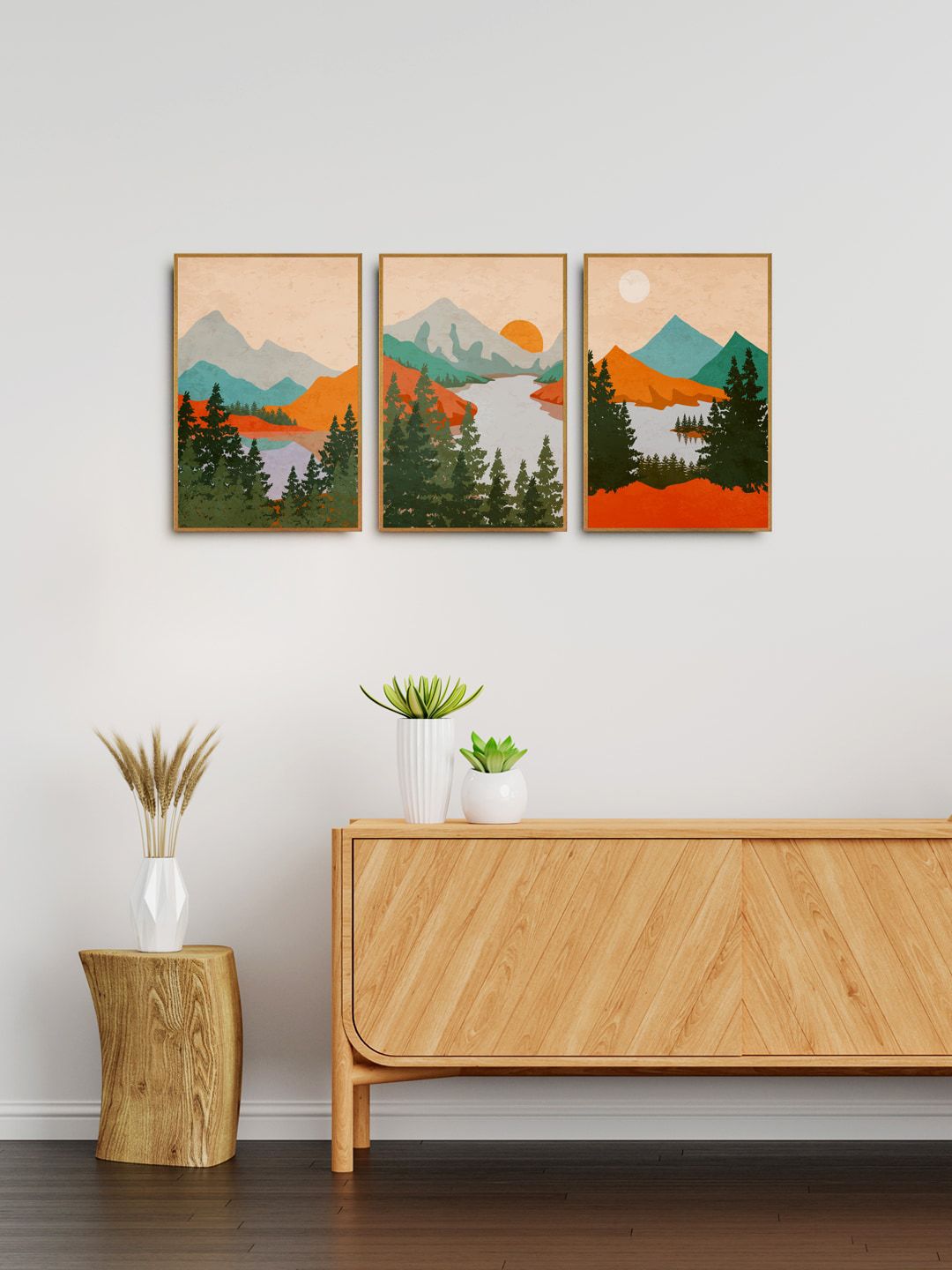 999Store Set Of 3 Green & Blue Mountain Landscape Painting Wall Art Price in India