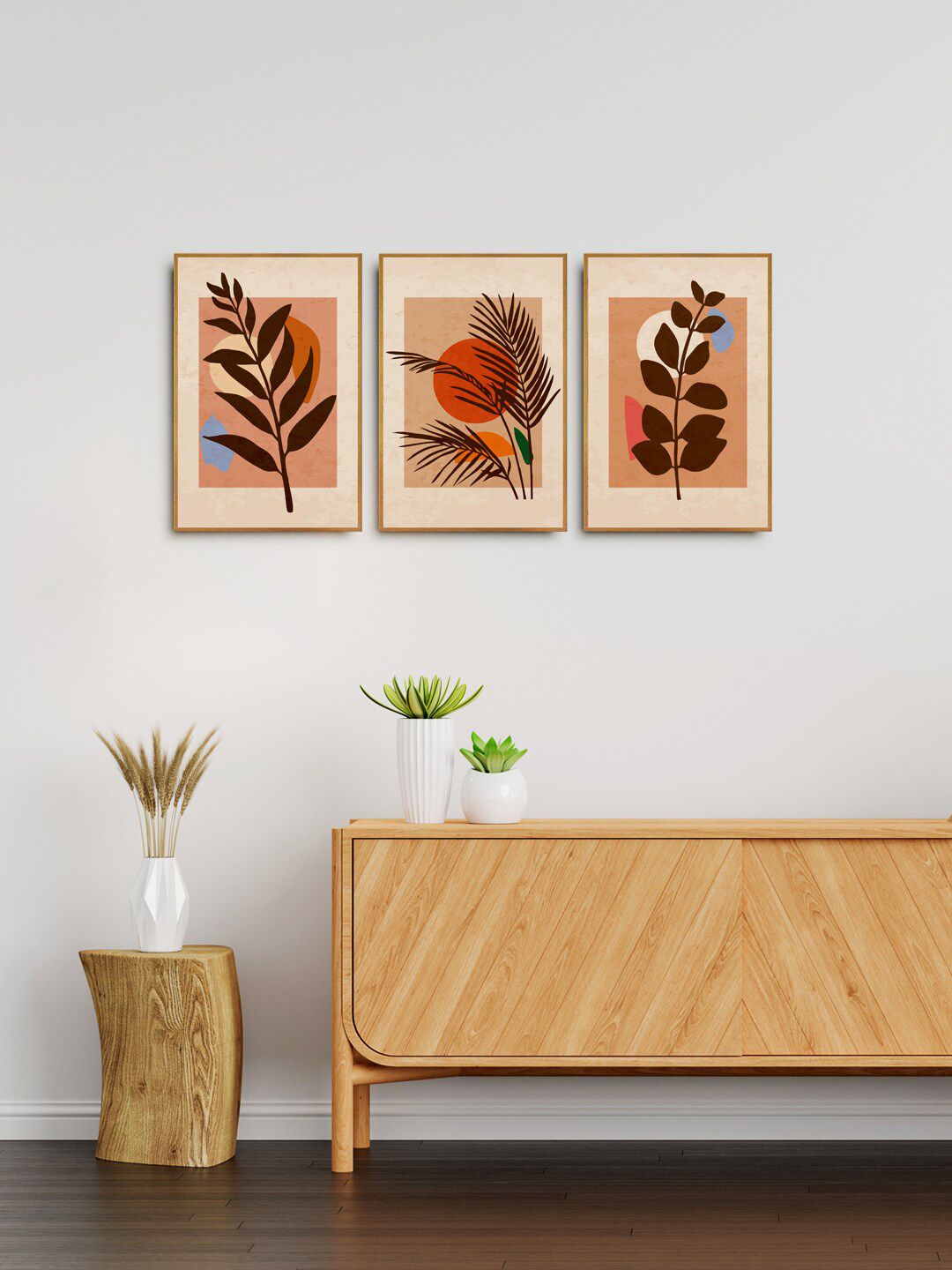 999Store Set of 3 Brown & Orange Printed Leaf  Wall Art Price in India