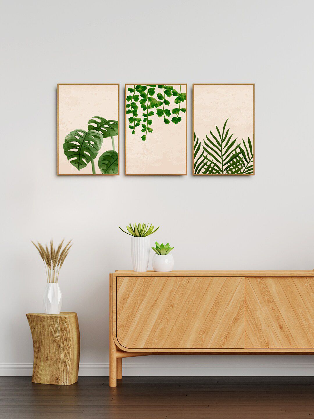 999Store Set of 3 Brown & Pink Printed Tropical Leaf  Wall Art Price in India