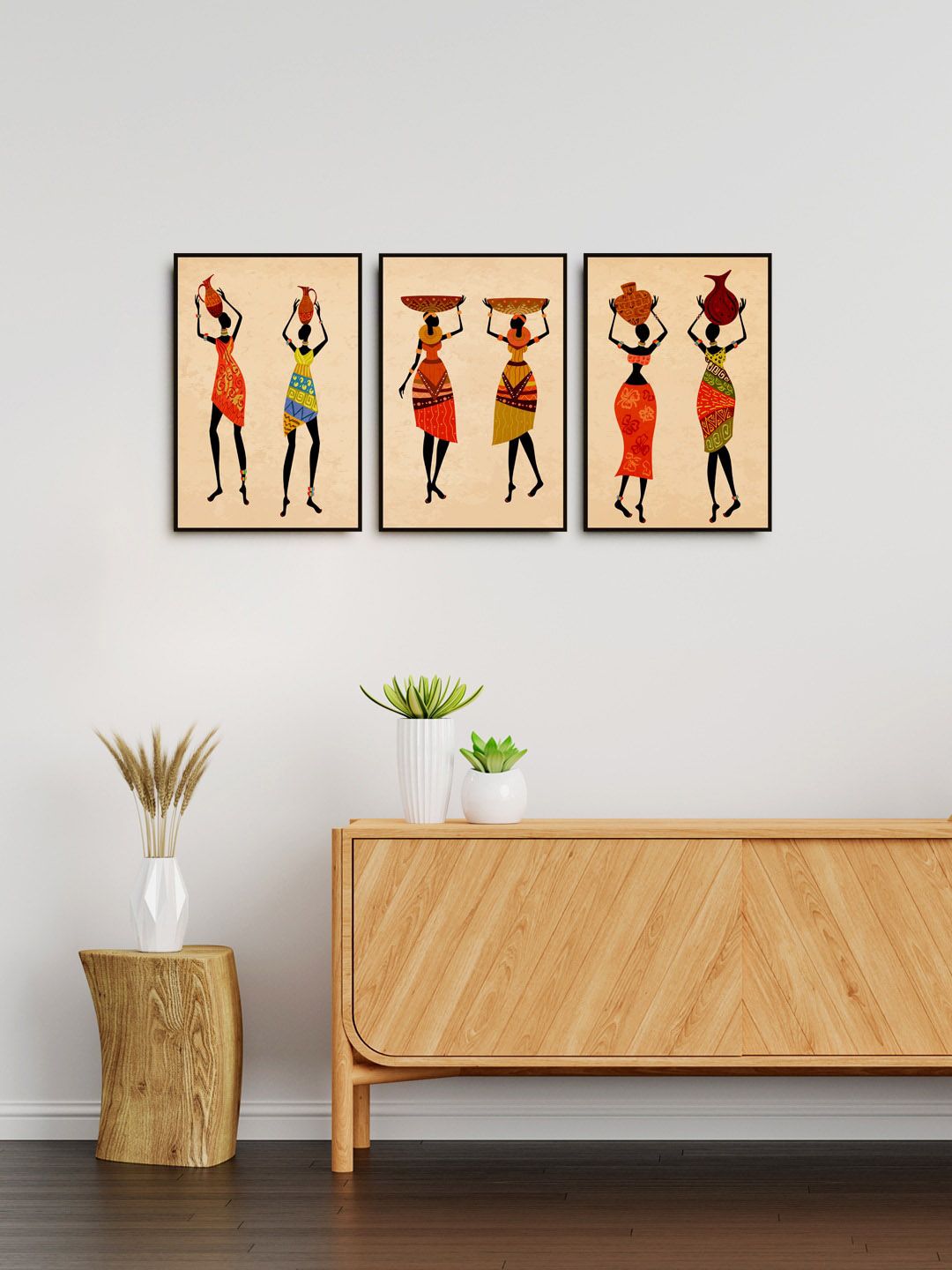 999Store Set Of 3 Beige & Red Abstract Painting Wall Art Price in India