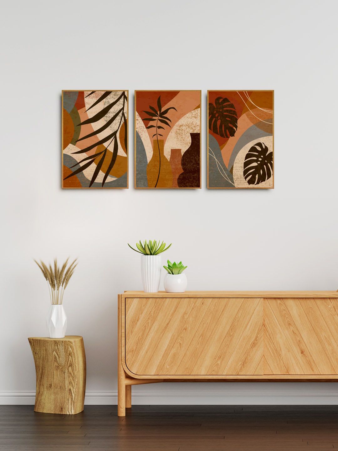 999Store Set Of 3 Brown Botanical Leaves Wall Art Price in India