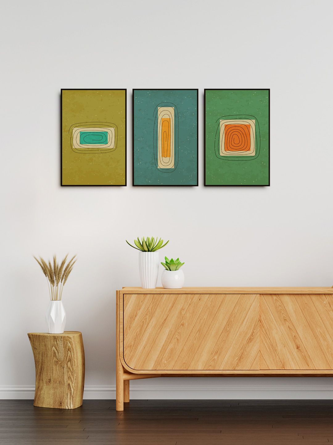999Store Set of 3 Green & Orange Abstract Line Art  Wall Art Price in India