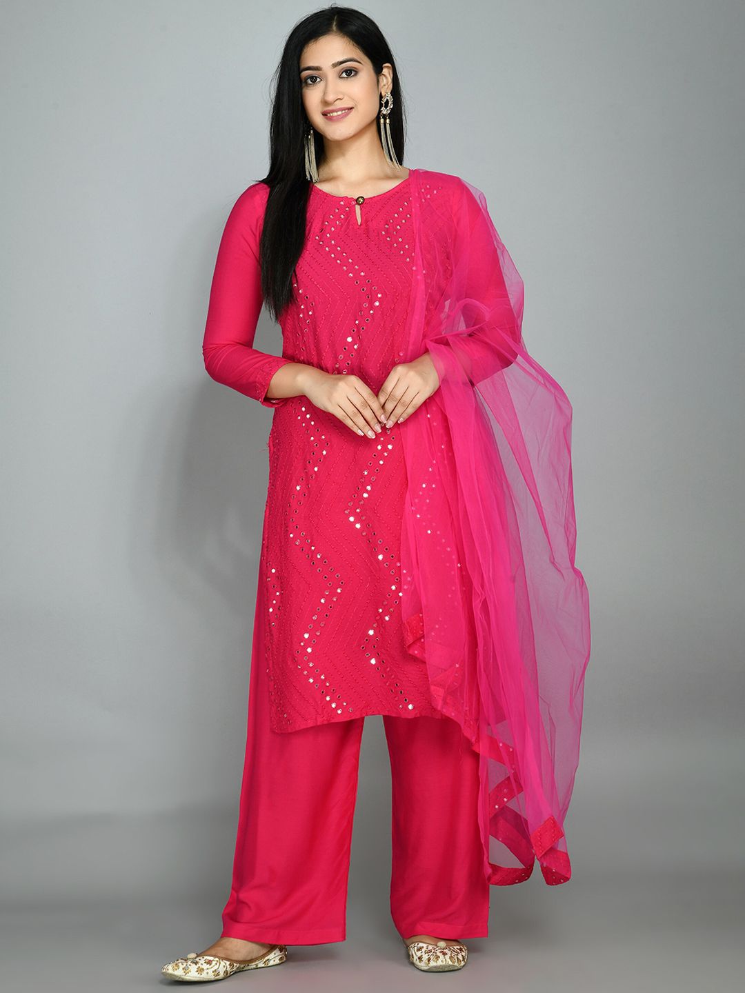 Queenswear Creation Women Pink Mirror Work Embroidered Kurta with Palazzos & Dupatta Price in India