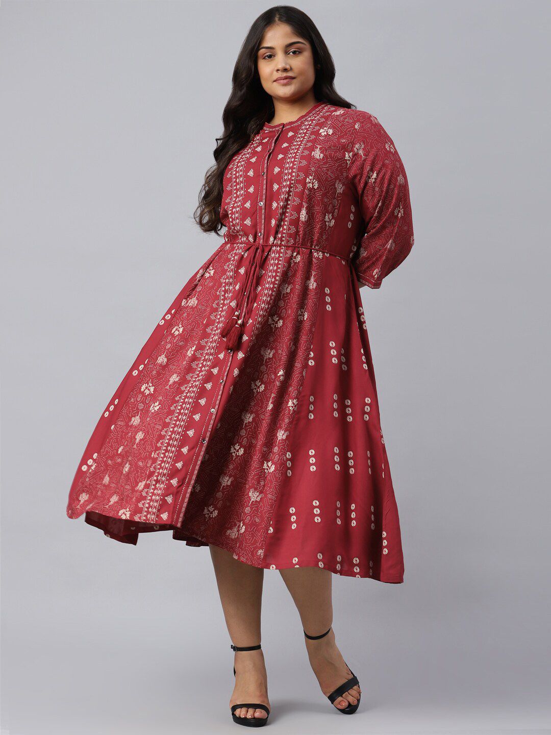 W Red Ethnic Motifs Chiffon A-Line Midi Dress Price in India