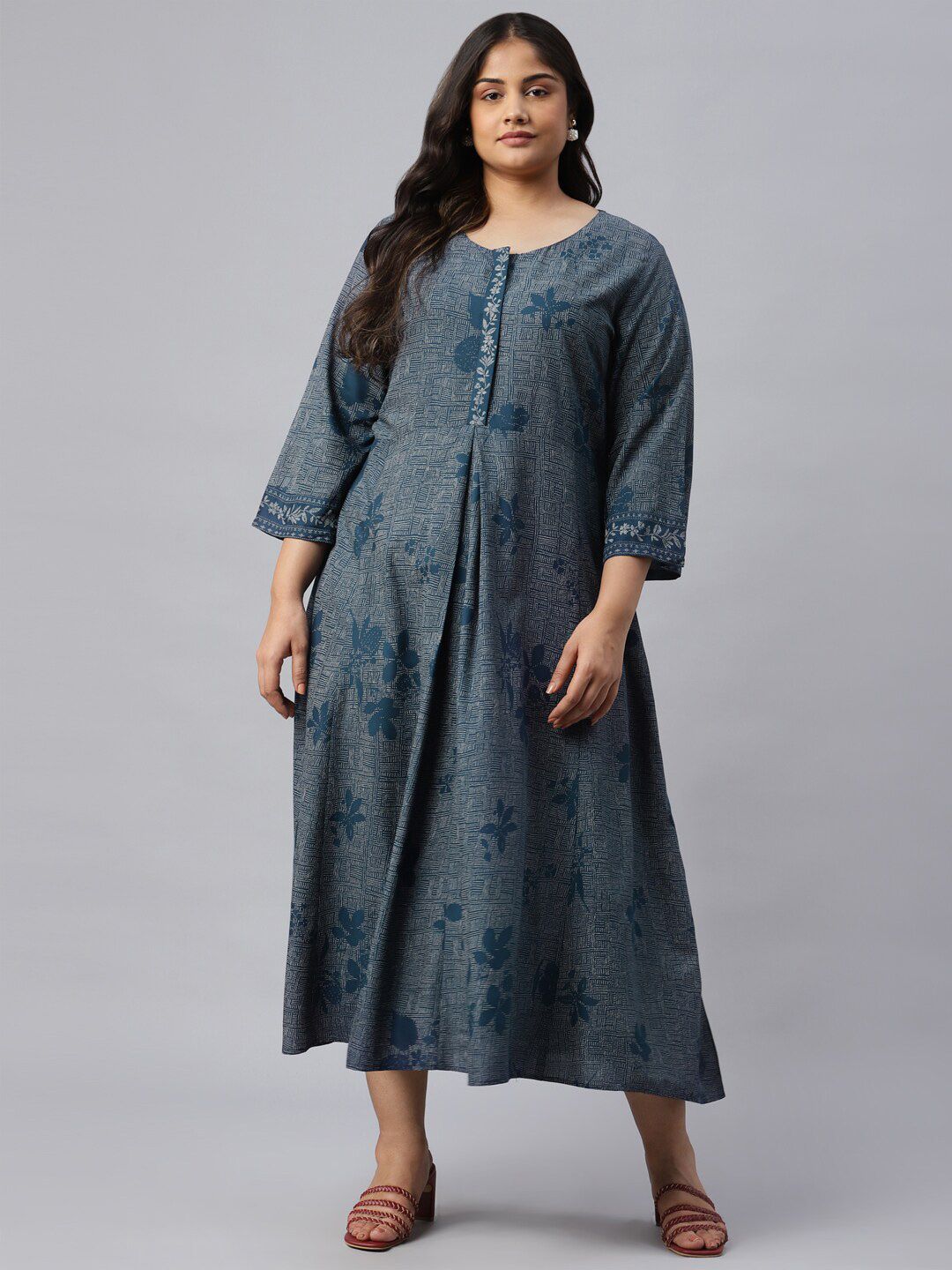 W Grey & Blue Floral Chiffon A-Line Midi Dress Price in India