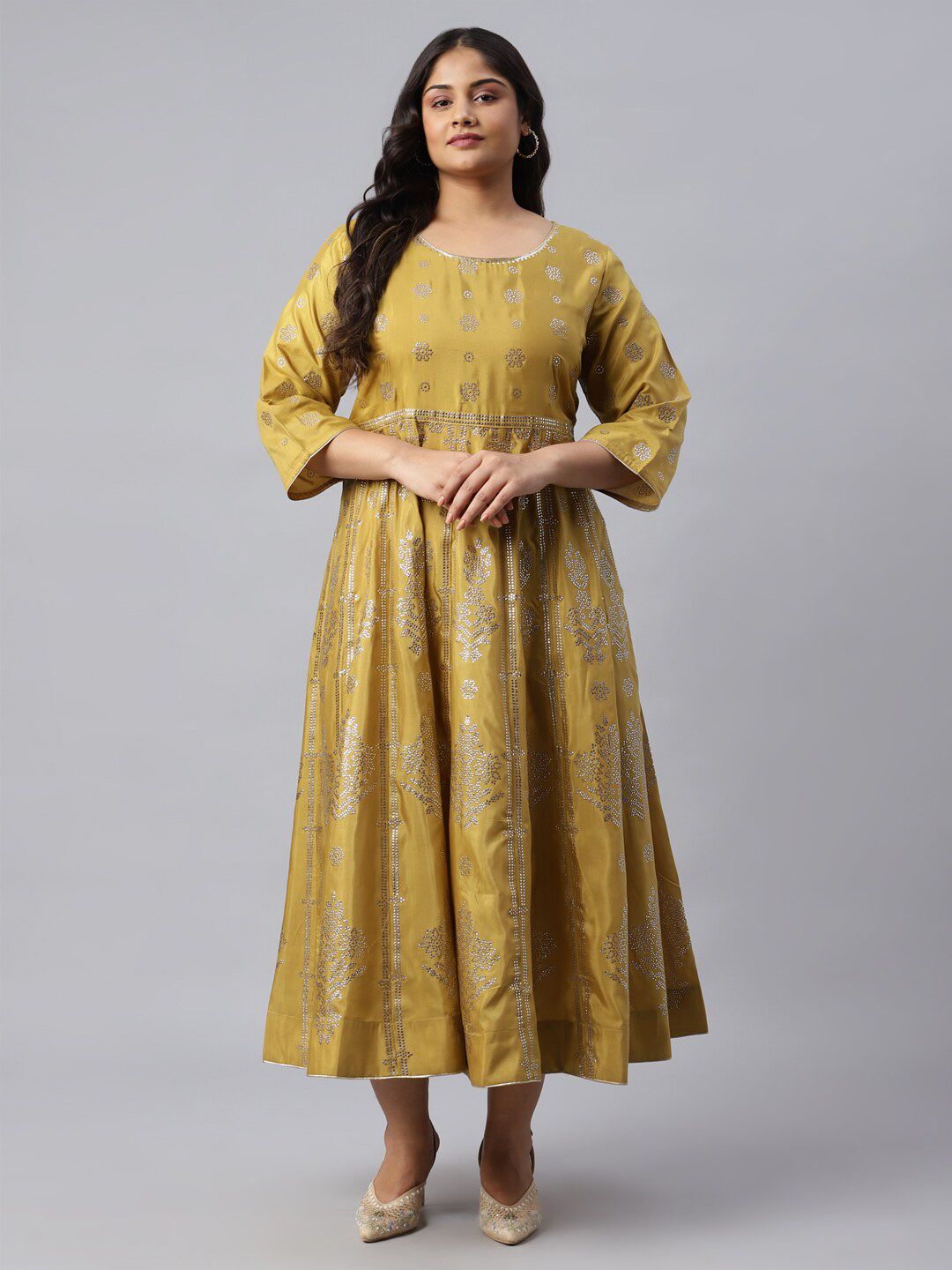 W Women Yellow Ethnic Motifs Satin Ethnic Maxi Dress Price in India