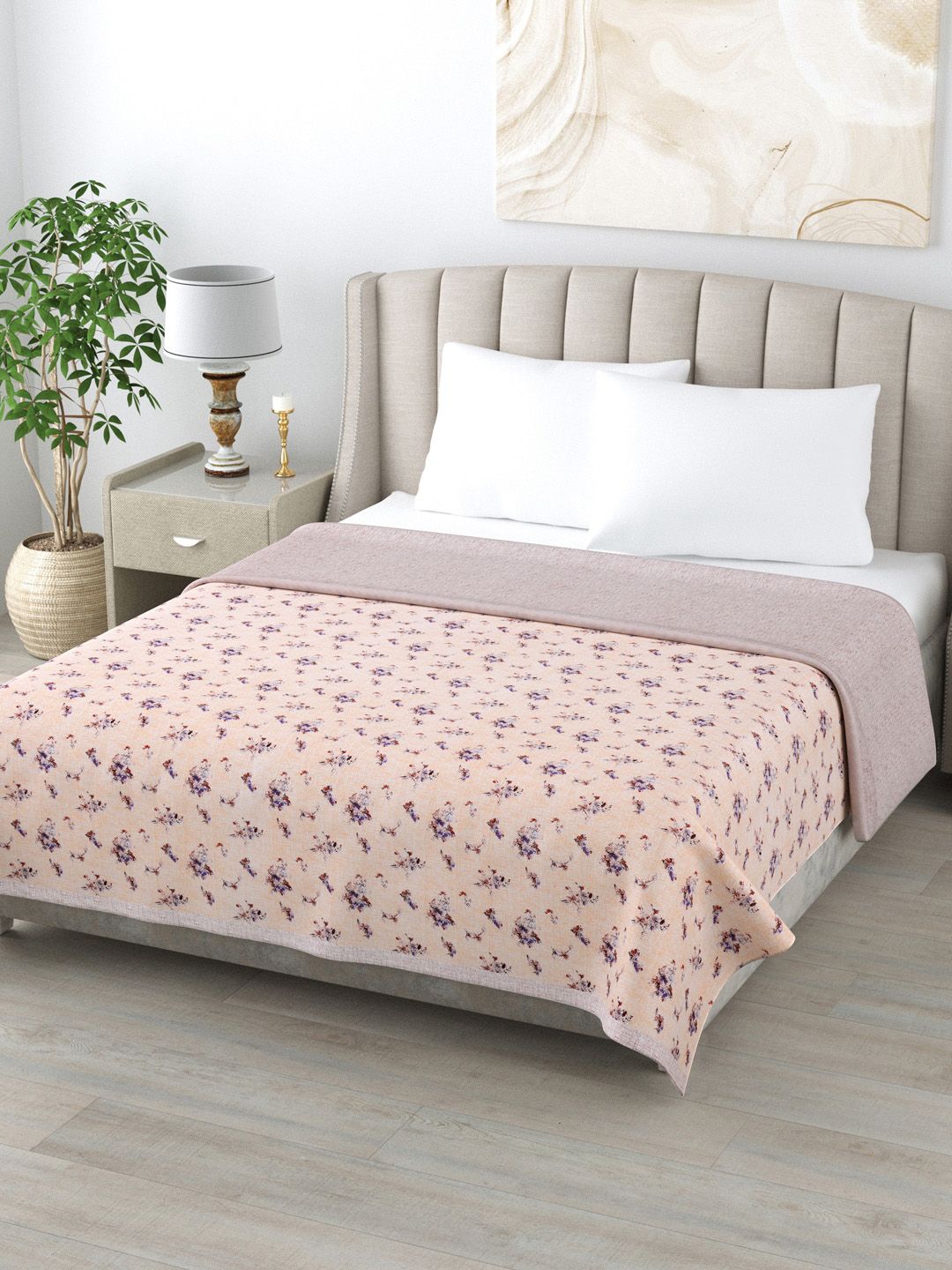 Home Fresh Peach-Coloured & Blue Floral AC Room 350 GSM Double Bed Dohar Price in India