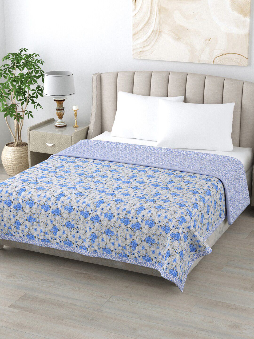 Home Fresh White & Blue Floral AC Room 350 GSM Double Bed Dohar Price in India