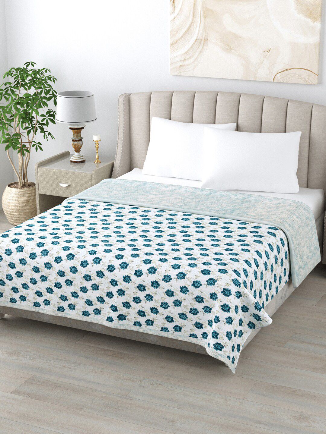 Home Fresh Blue & Off White Floral AC Room 350 GSM Double Bed Dohar Price in India