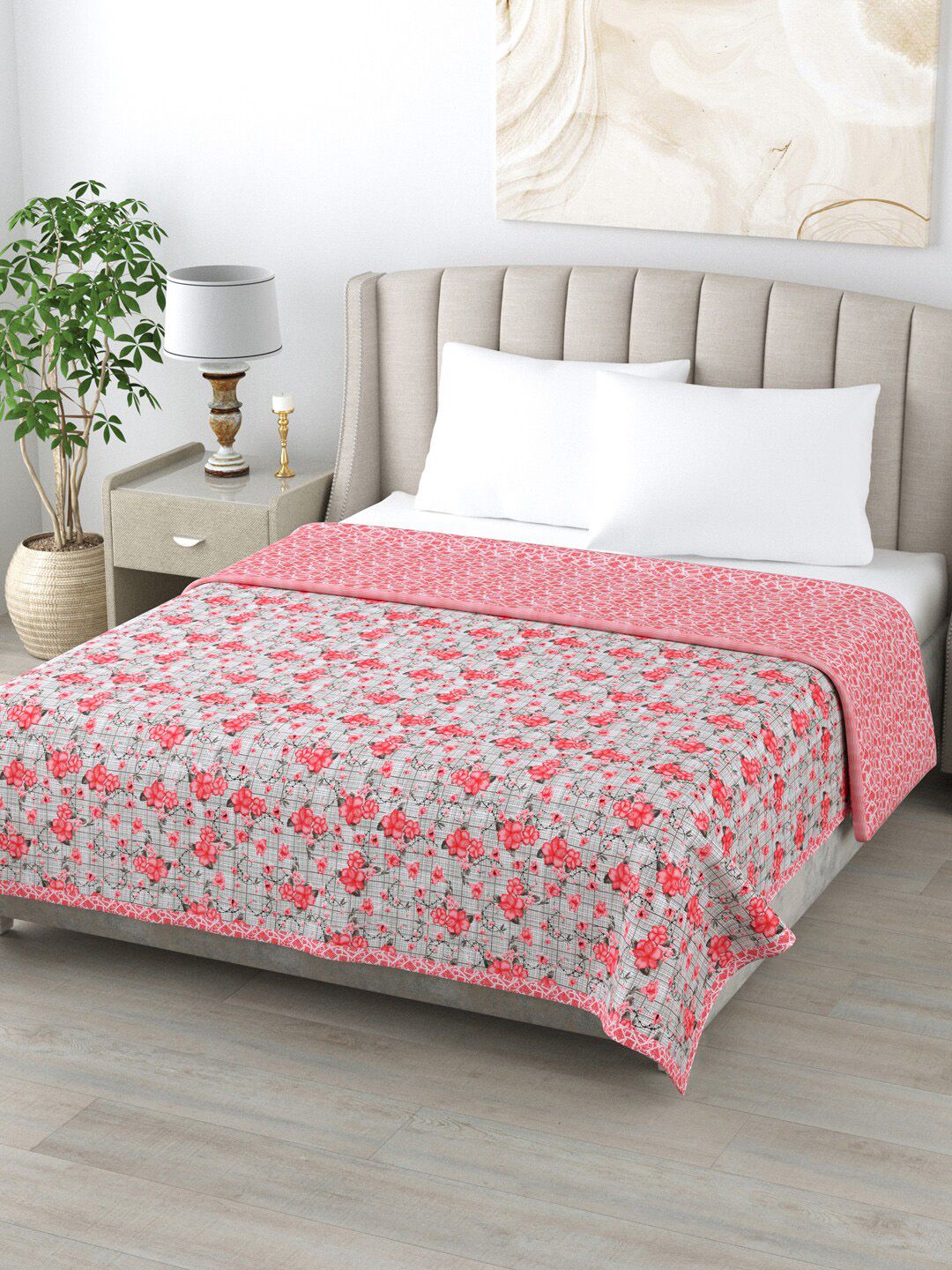 Home Fresh Grey & Pink Floral AC Room 350 GSM Double Bed Dohar Price in India