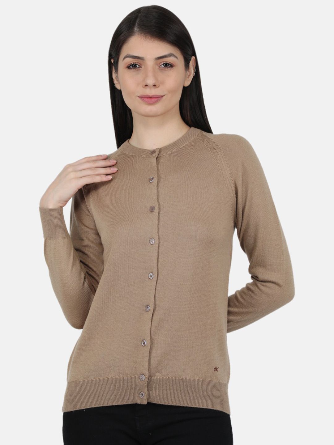 Monte Carlo Women Beige Pure Wool Solid Round Neck  Cardigan Price in India