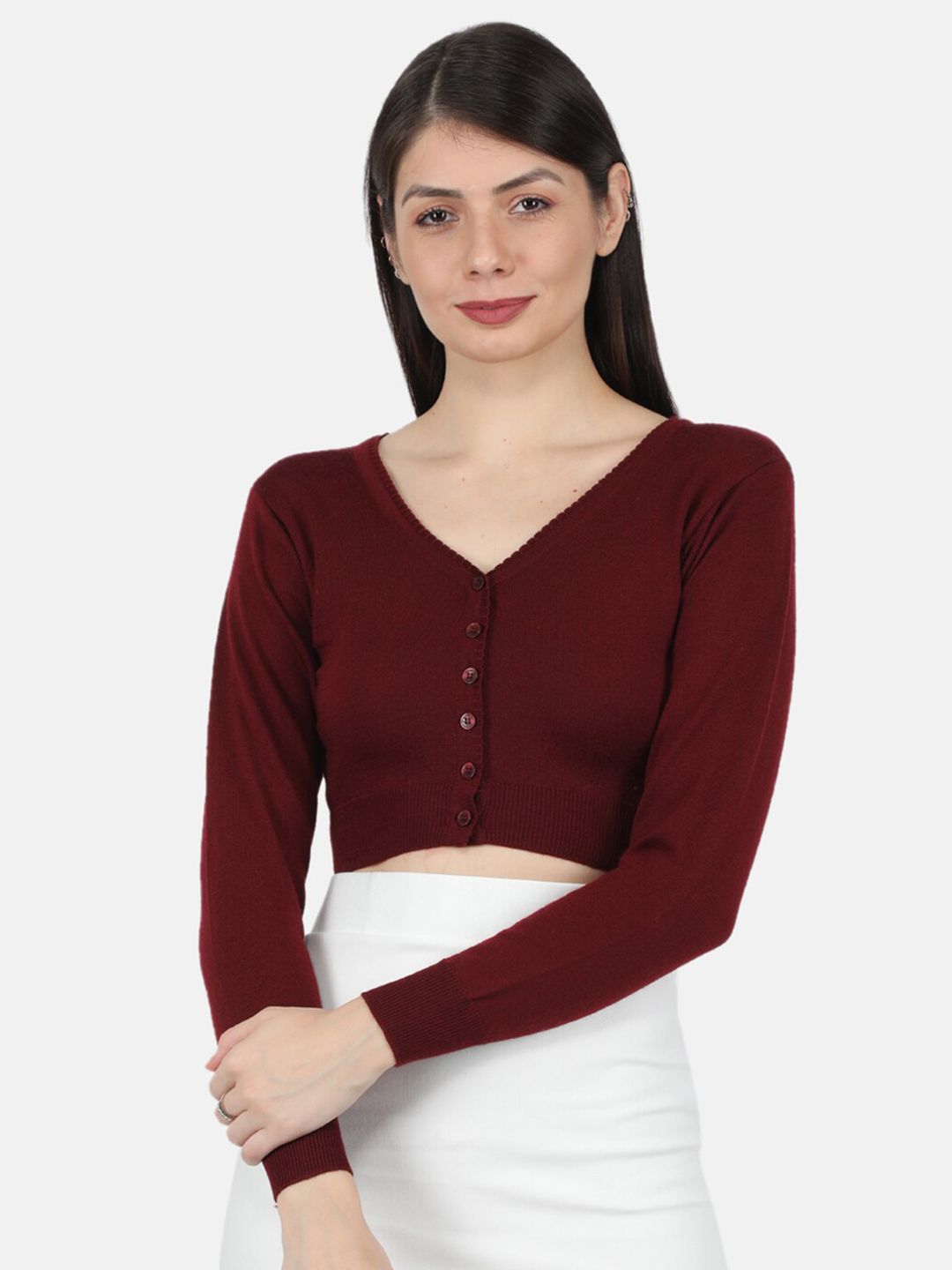 Monte Carlo Women Maroon Solid V-Neck Crop Cardigan Price in India