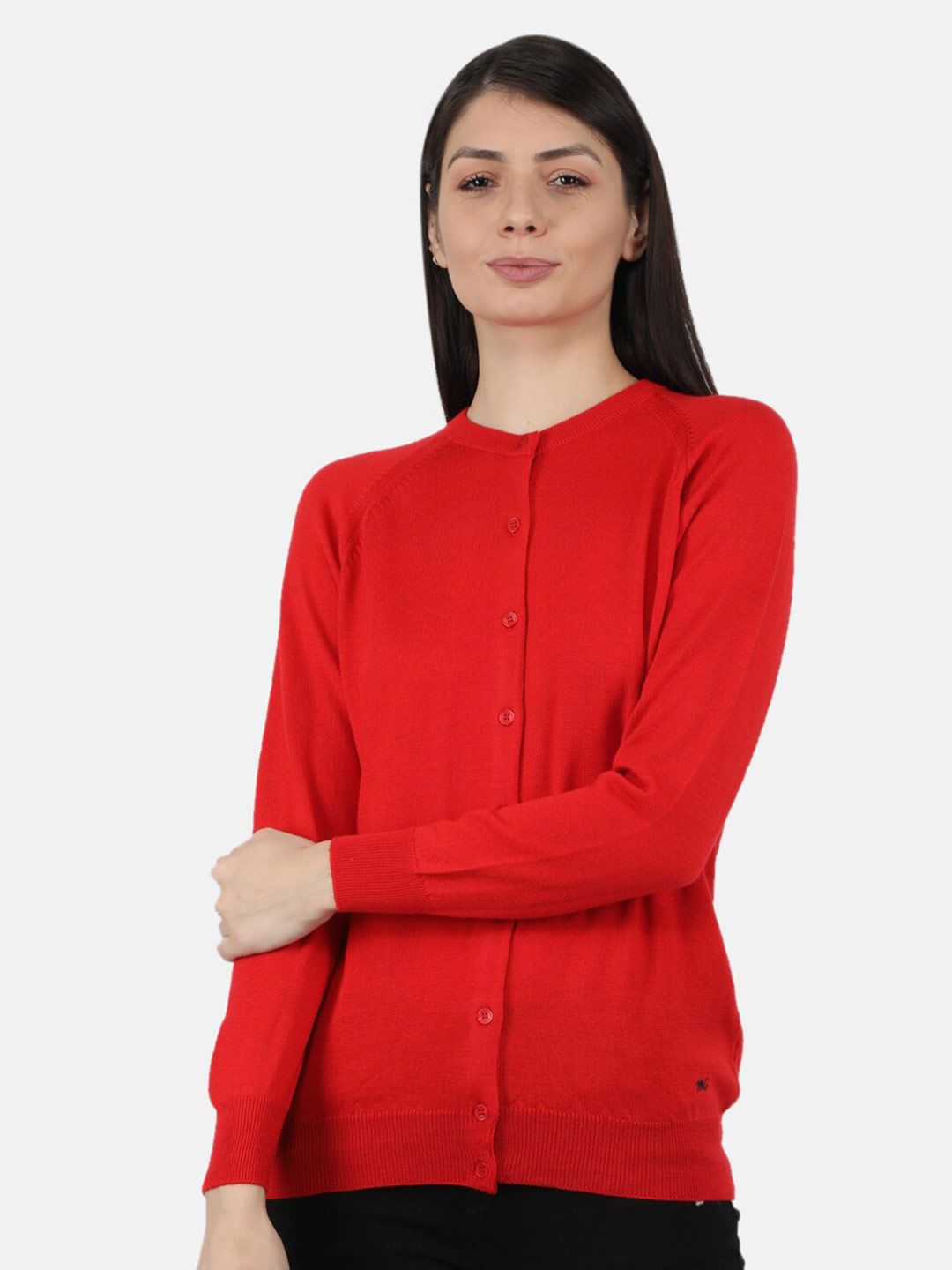 Monte Carlo Women Red Solid Round Neck Pure Wool Cardigan Price in India