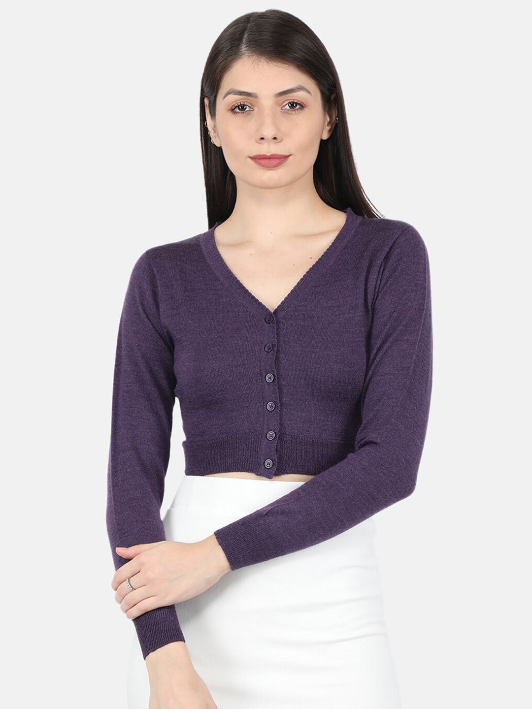 Monte Carlo Women Violet Pure Wool Crop Cardigan Price in India