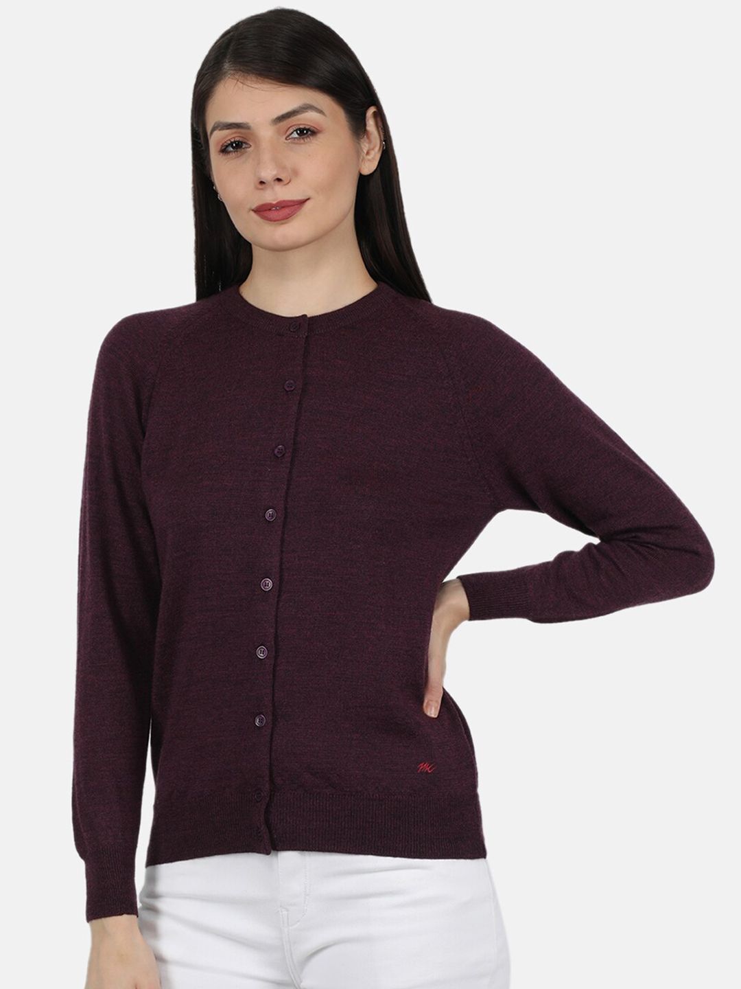 Monte Carlo Women's Maroon Solid Pure Wool Round Neck Cardigan Price in India
