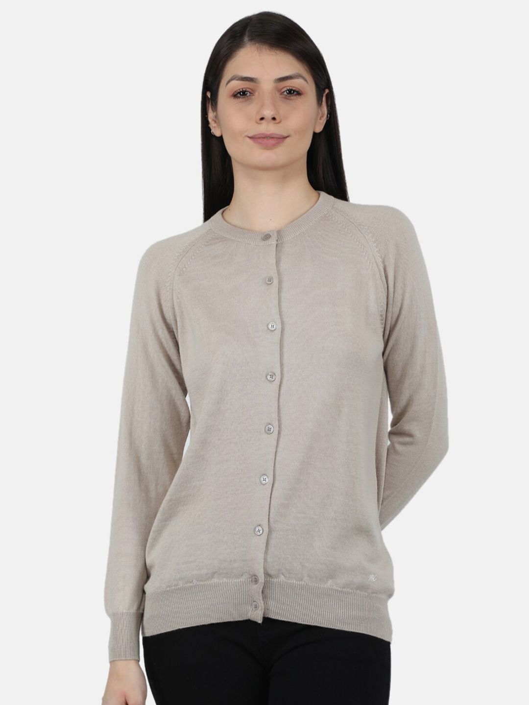 Monte Carlo Women Beige Pure Wool Solid Round Neck Cardigan Price in India