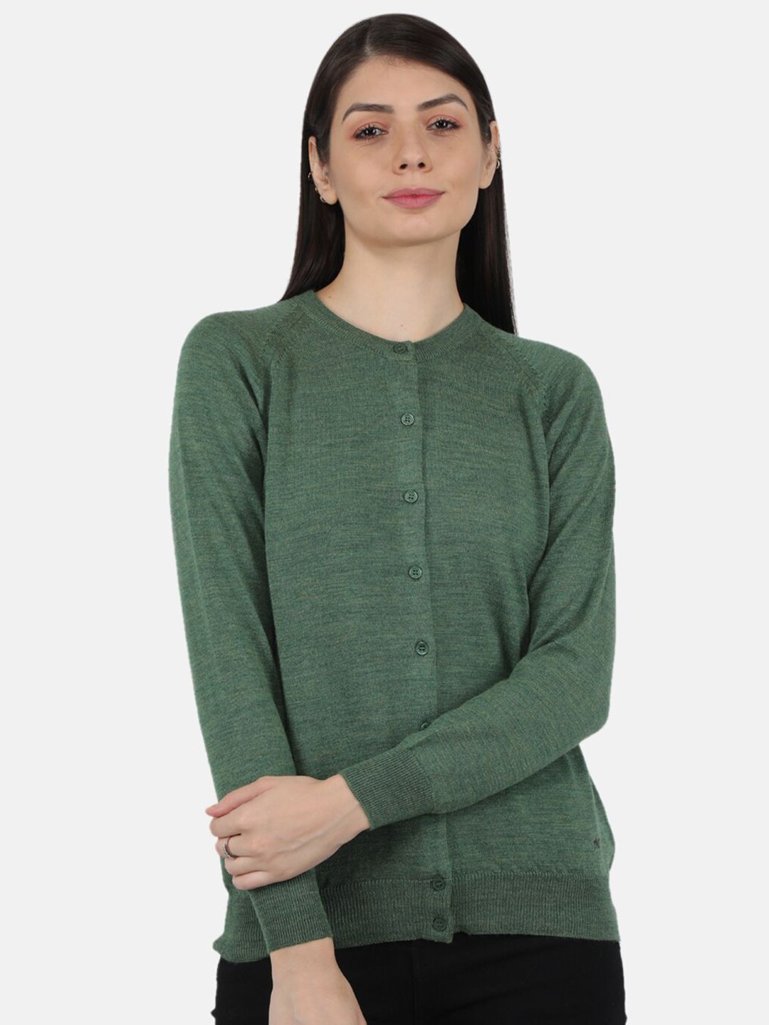 Monte Carlo Women Green Solid Pure Wool Round Neck Cardigan Price in India