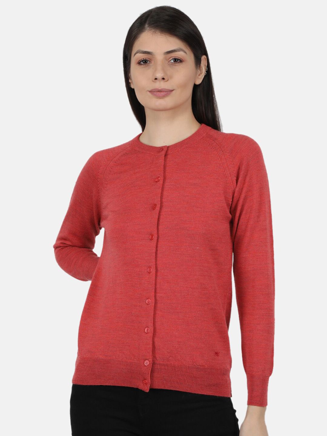 Monte Carlo Women Red Pure Wool Solid Round Neck Cardigan Price in India