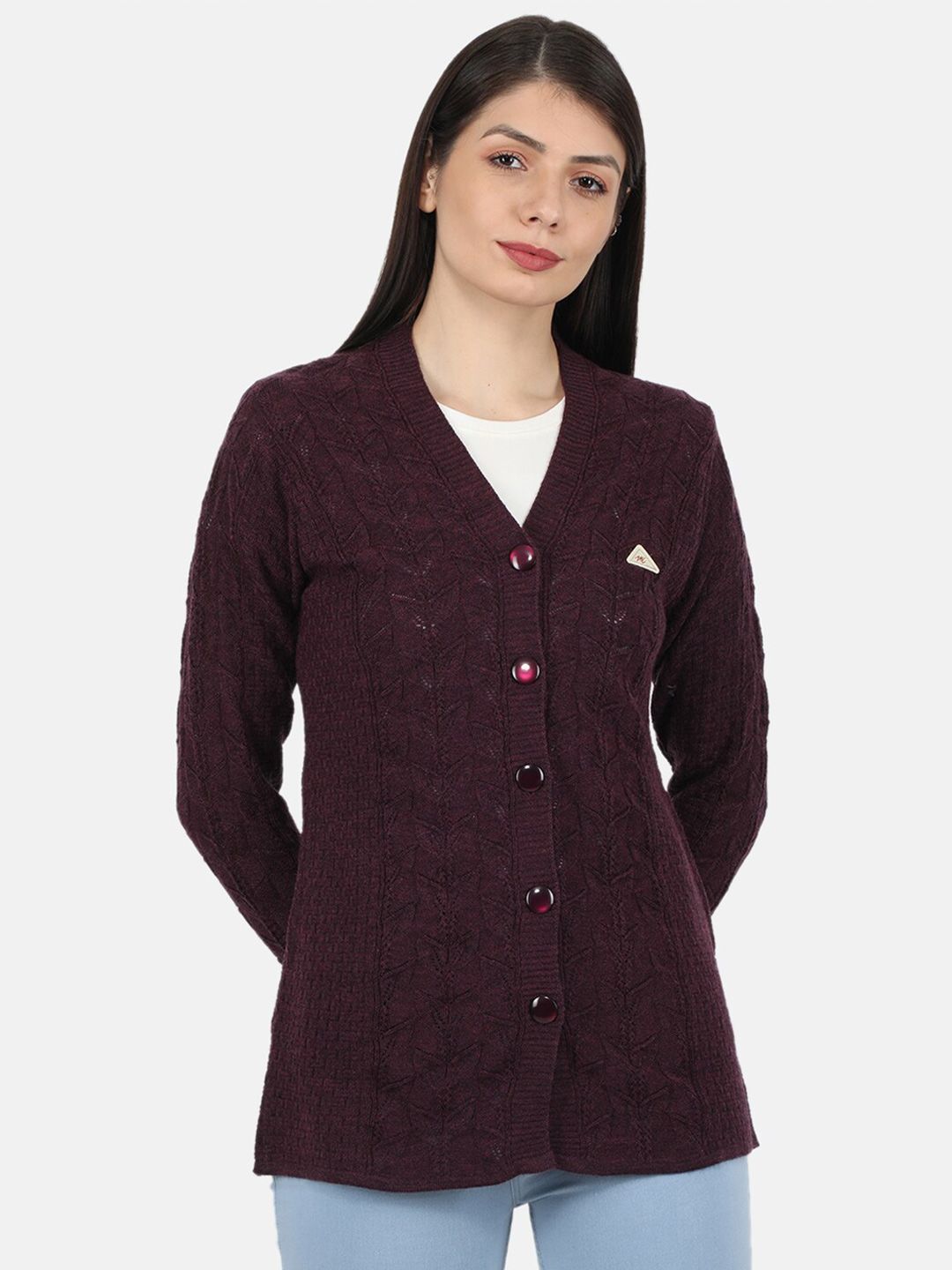 Monte Carlo Women Maroon Wool V-Neck Cable Knit Cardigan Price in India