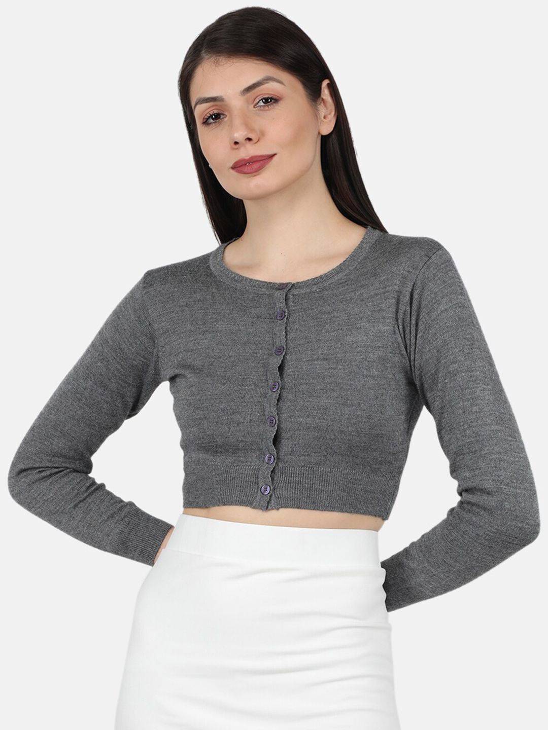 Monte Carlo Women Charcoal Solid Crop Cardigan Price in India