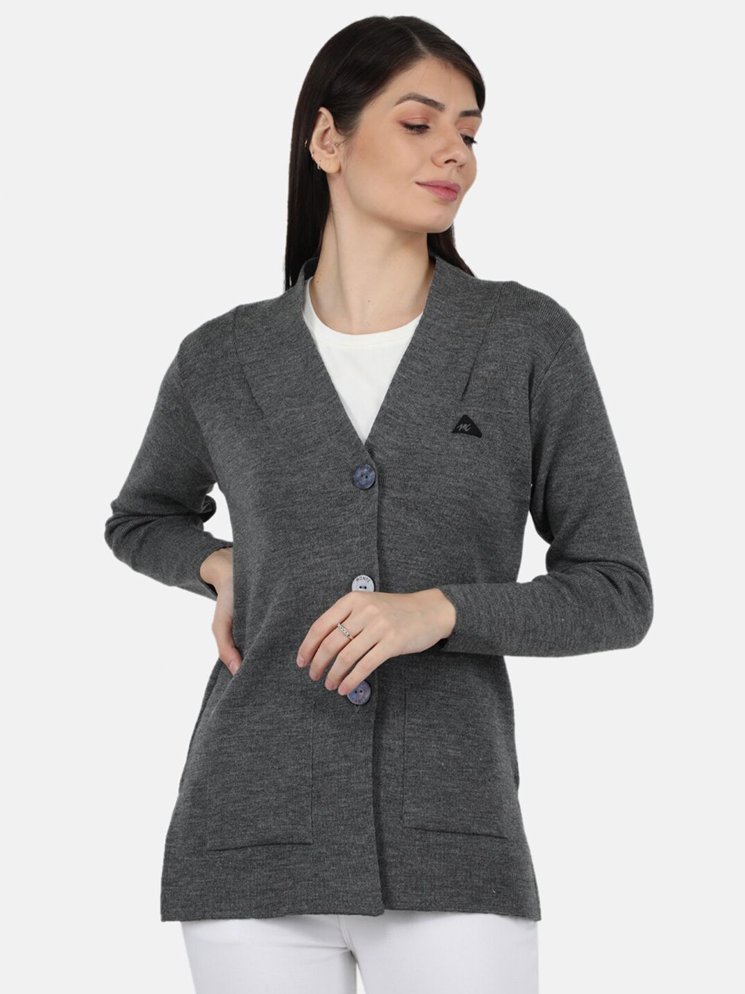 Monte Carlo Women Charcoal Solid V Neck Wool Cardigan Price in India