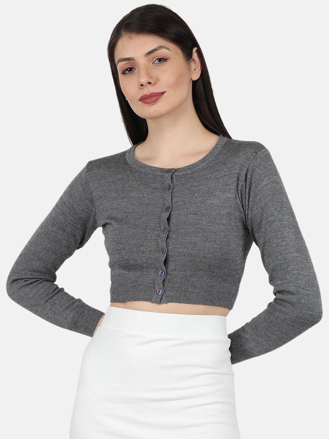 Monte Carlo Women Charcoal Solid Crop Cardigan Price in India