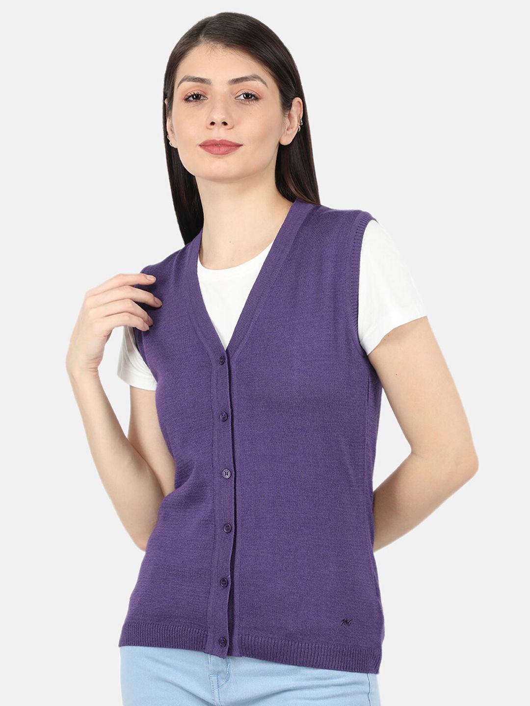 Monte Carlo Women Purple Solid Sleeveless Cardigan