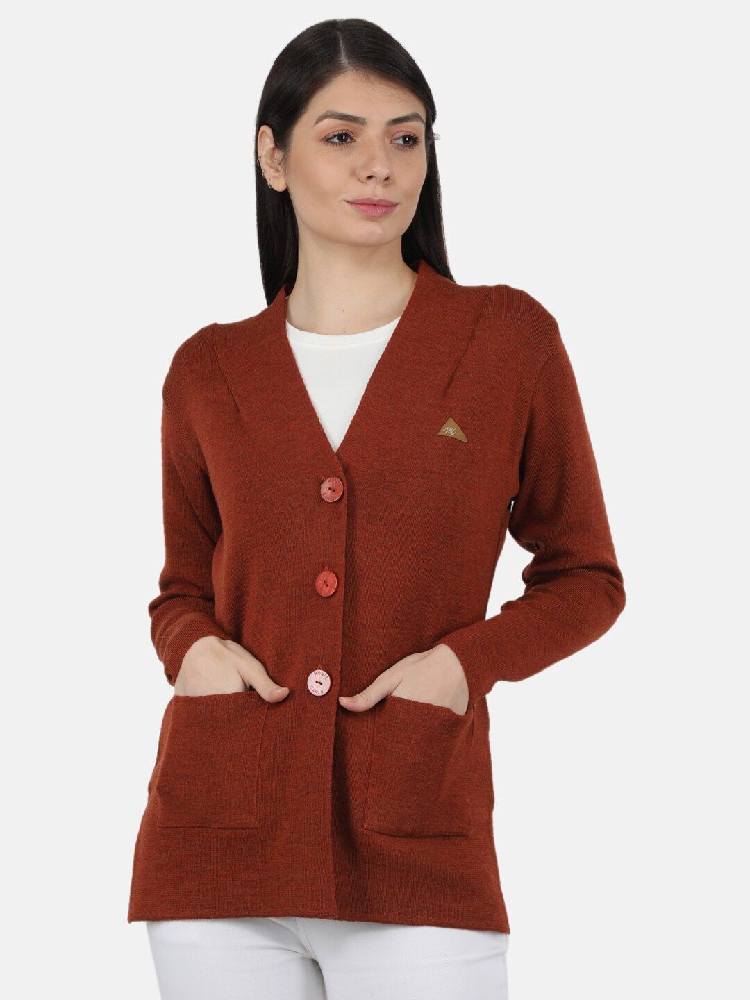 Monte Carlo Women Rust Solid V Neck Cardigan Price in India