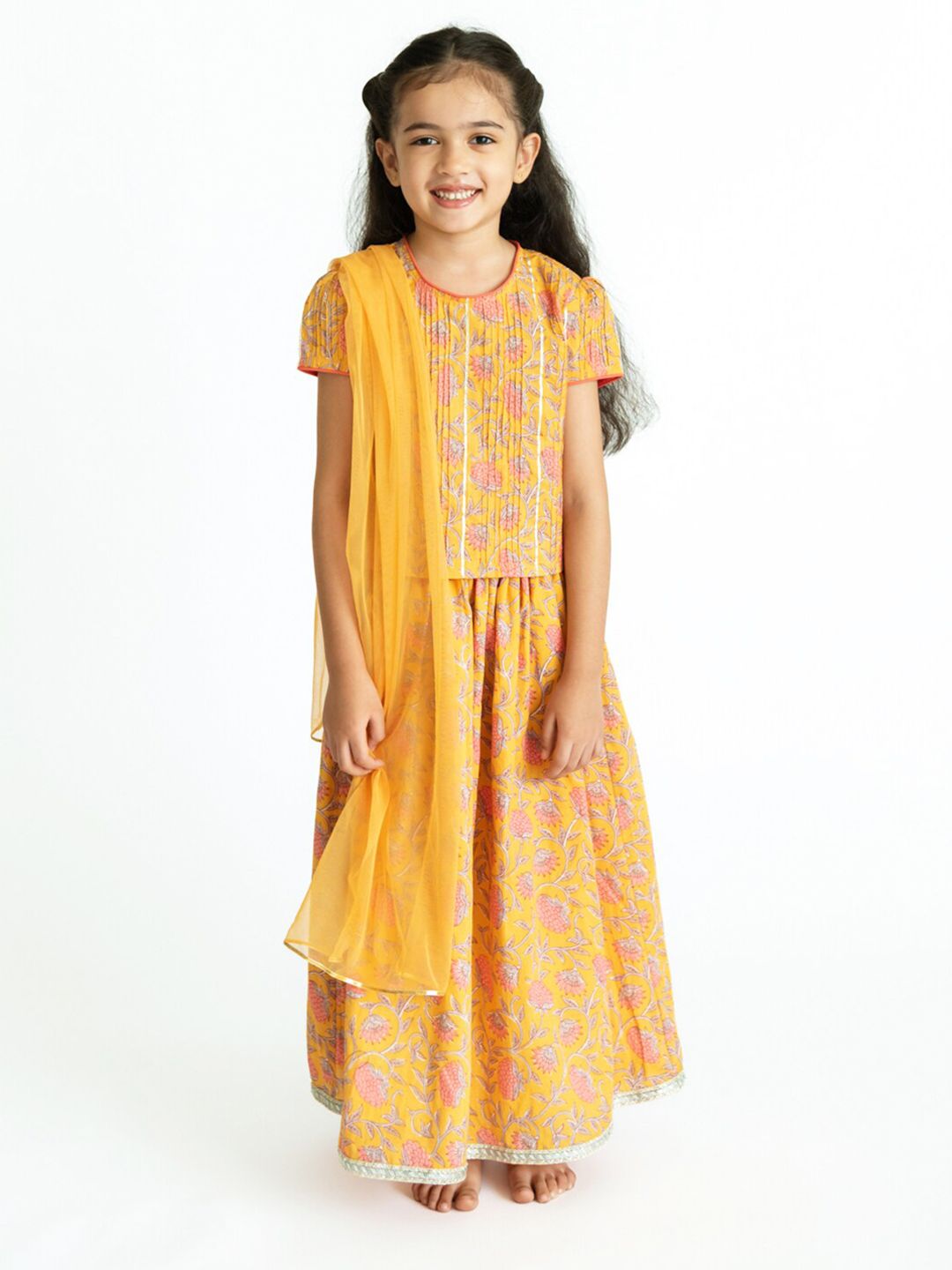 Campana Girls Yellow & Grey Printed Ready to Wear Lehenga & Blouse With Dupatta