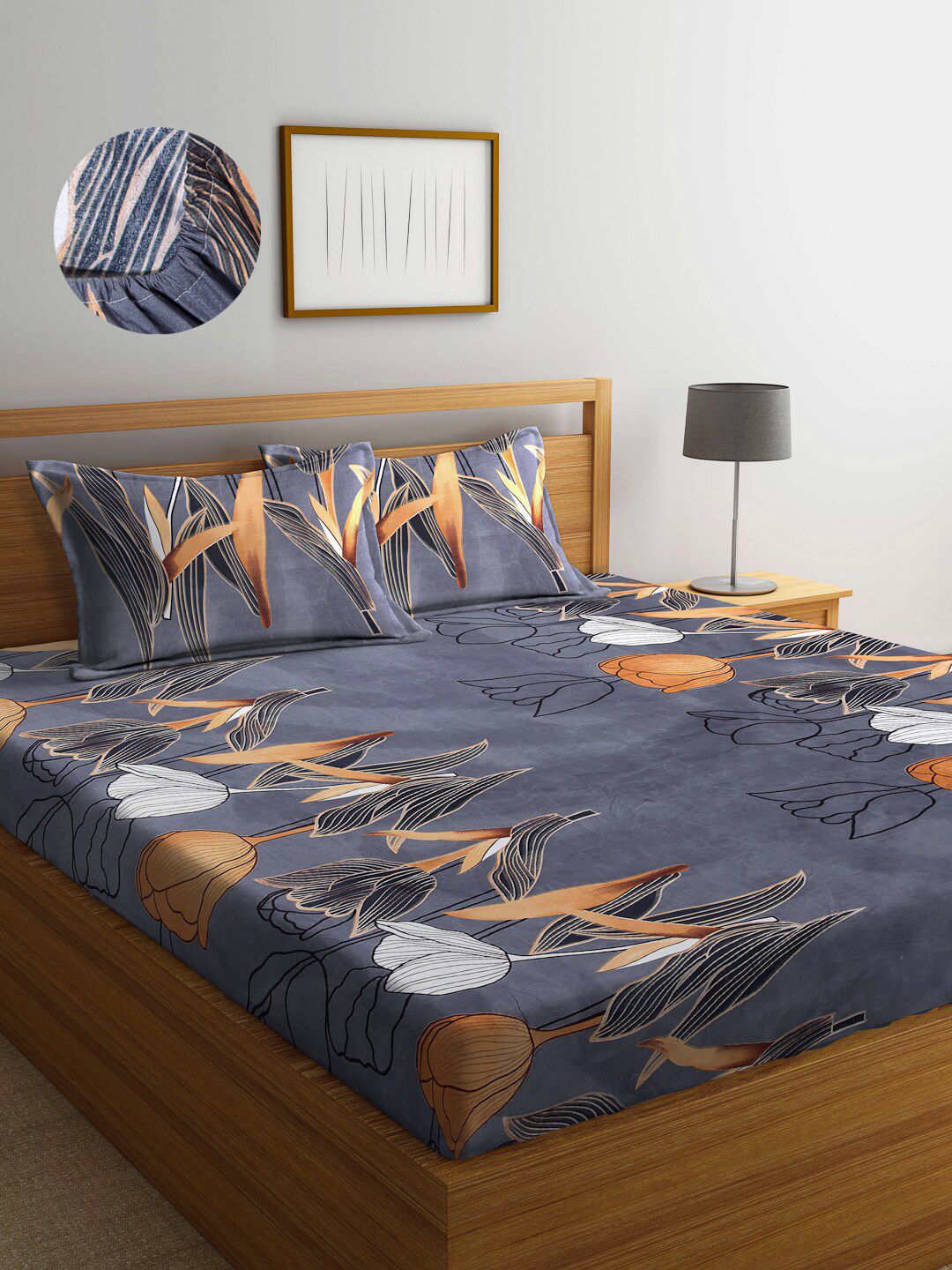 Arrabi Grey & Orange Floral 300 TC King Bedsheet with 2 Pillow Covers Price in India