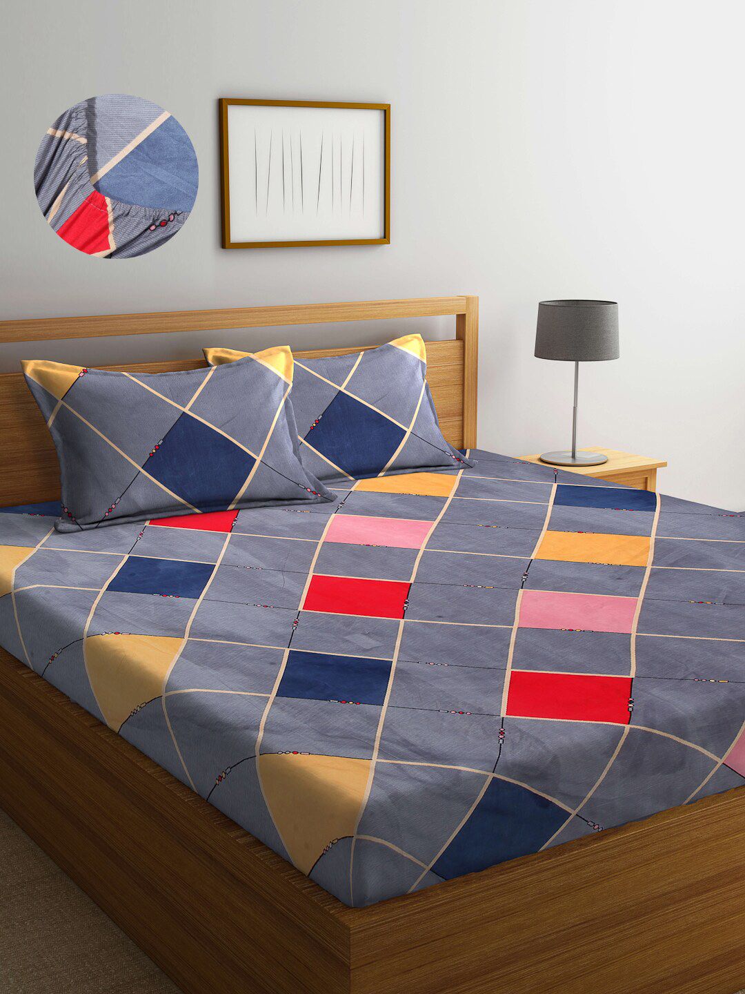 Arrabi Grey & Navy Blue Geometric 300 TC Fitted King Bedsheet with 2 Pillow Covers Price in India