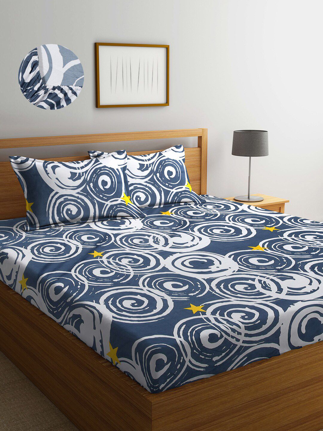 Arrabi Grey & Blue 300TC Cotton Blend Double Size Fitted Bedsheet with 2 Pillow Covers Price in India