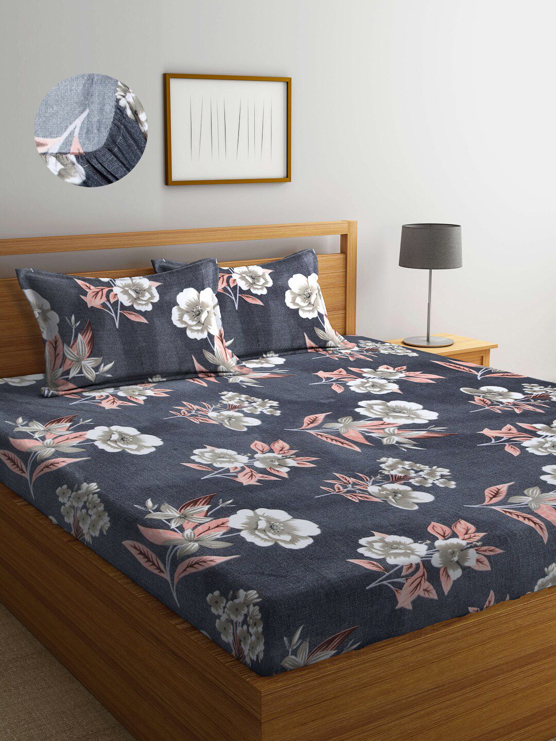 Arrabi Grey & Peach-Coloured Floral 300 TC King Bedsheet with 2 Pillow Covers Price in India