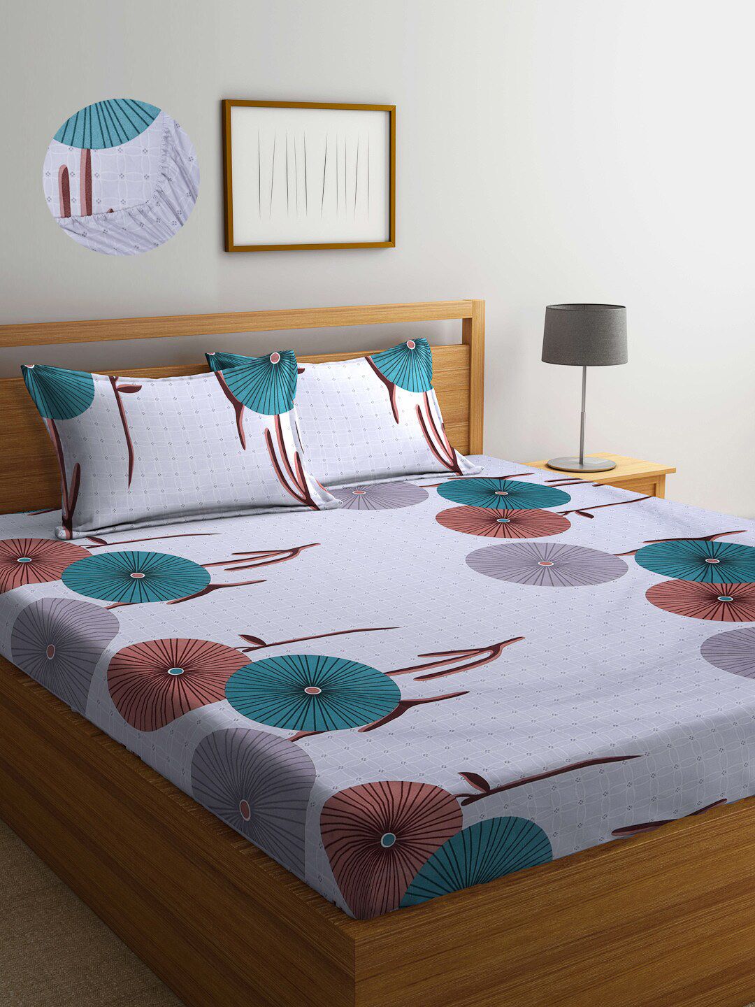 Arrabi Grey & Blue Floral 300 TC King Bedsheet with 2 Pillow Covers Price in India