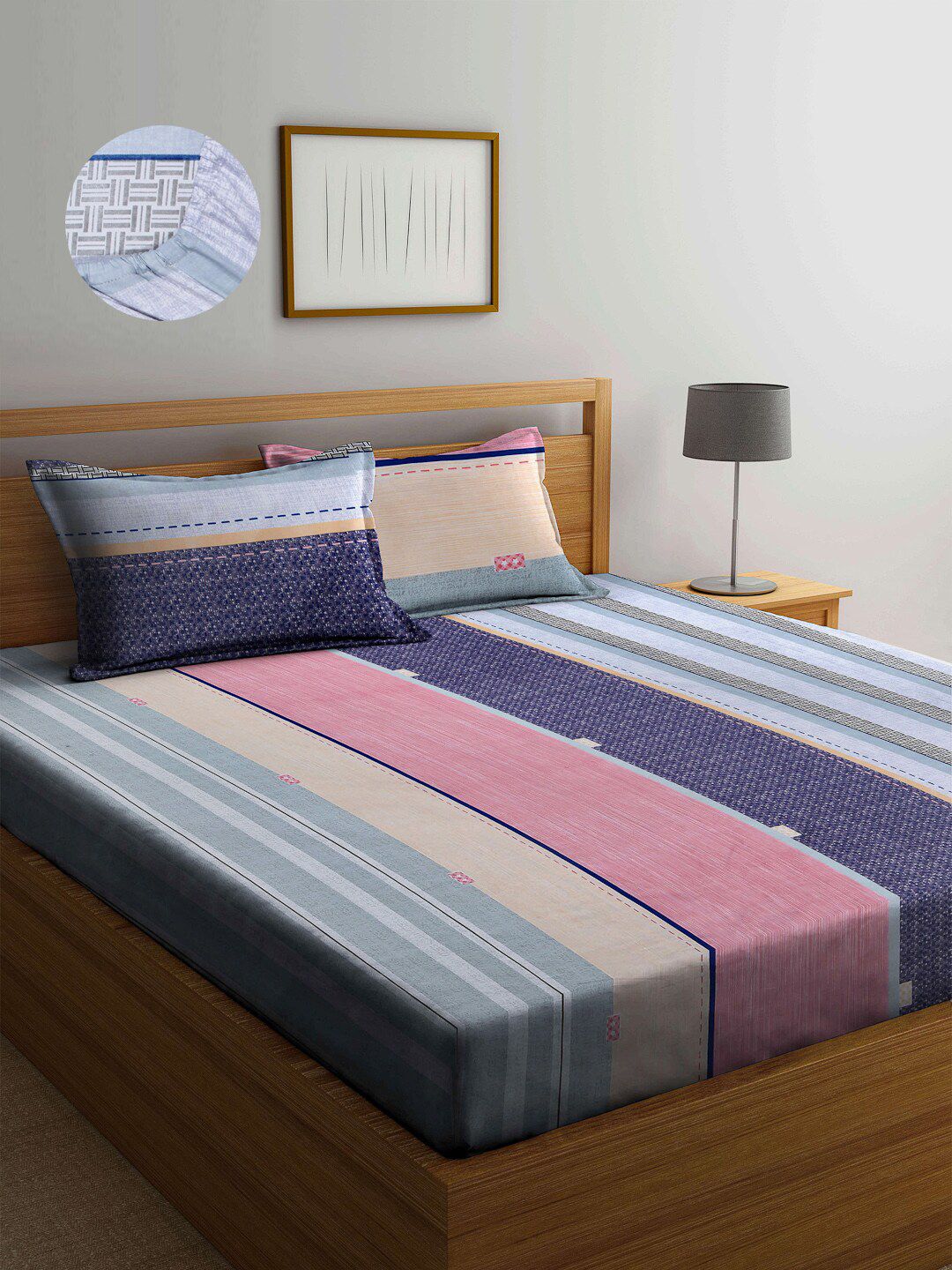 Arrabi Blue & Pink Geometric 300 TC King Bedsheet with 2 Pillow Covers Price in India
