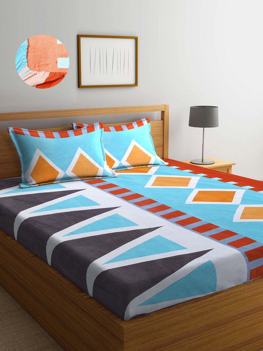 Arrabi Blue Geometric 300 TC Cotton Blend Double Size Fitted Bedsheet with 2 Pillow Covers Price in India