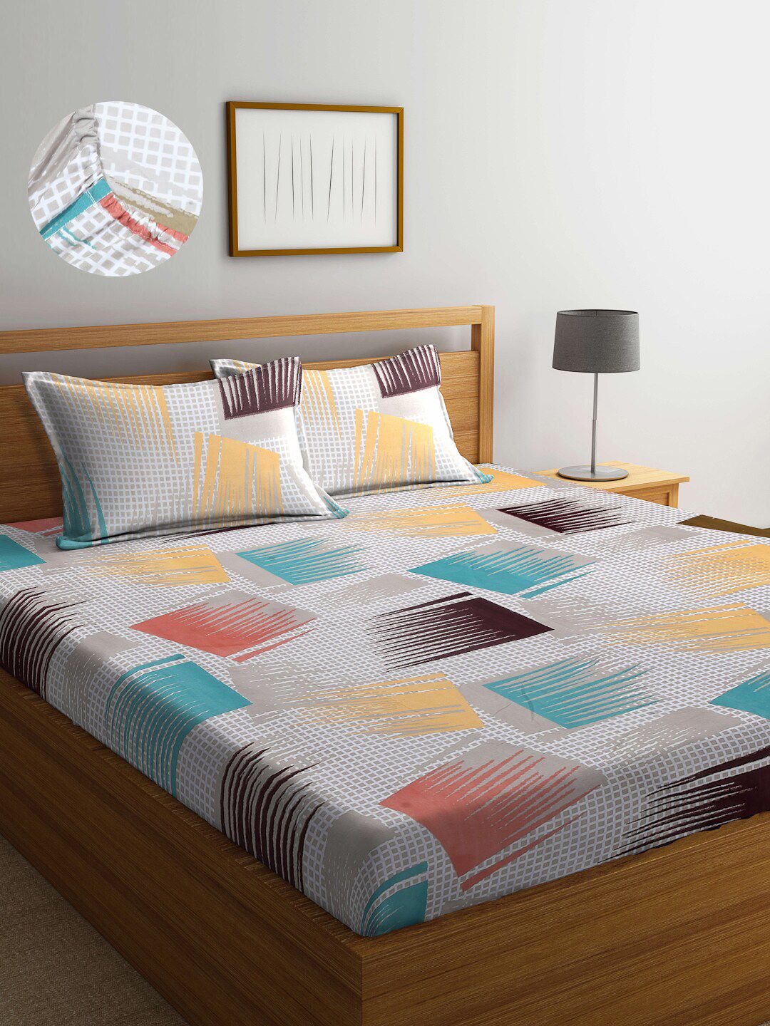 Arrabi Blue & Mustard Graphic 300 TC King Bedsheet with 2 Pillow Covers Price in India