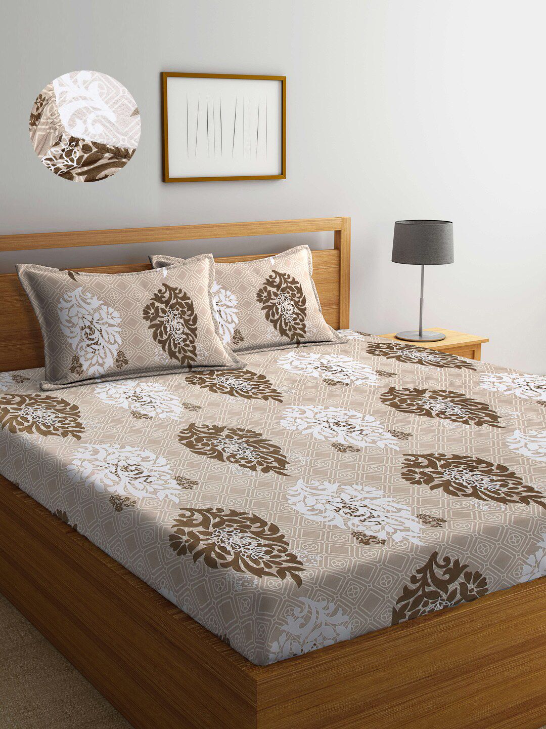 Arrabi Brown & Beige Ethnic Motifs 300 TC King Bedsheet with 2 Pillow Covers Price in India