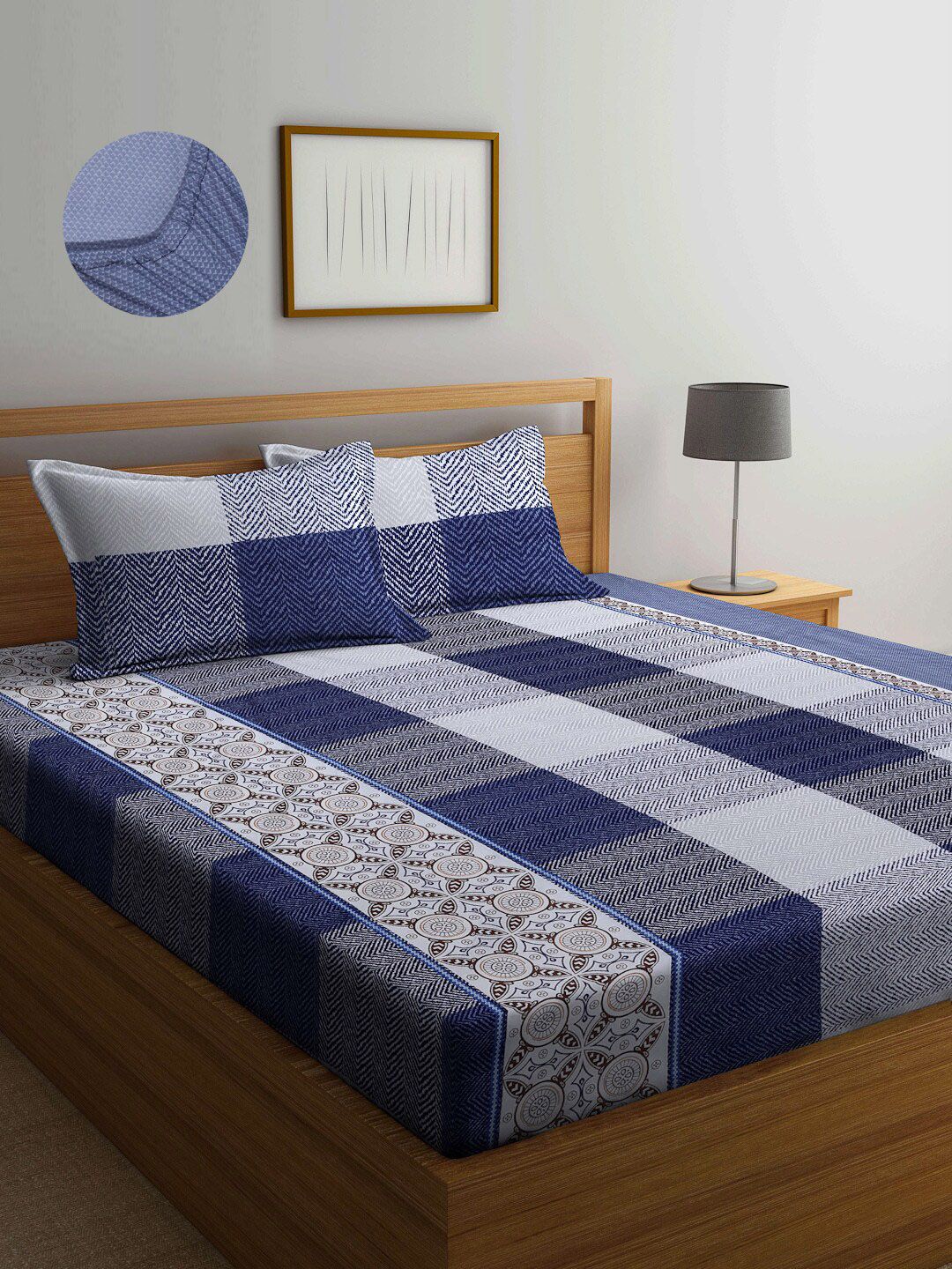 Arrabi Blue & White Geometric 300 TC King Bedsheet with 2 Pillow Covers Price in India