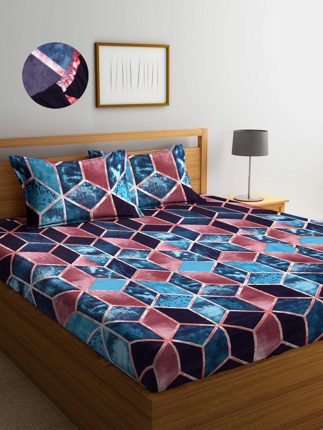 Arrabi Blue & Black Geometric 300 TC King Bedsheet with 2 Pillow Covers Price in India