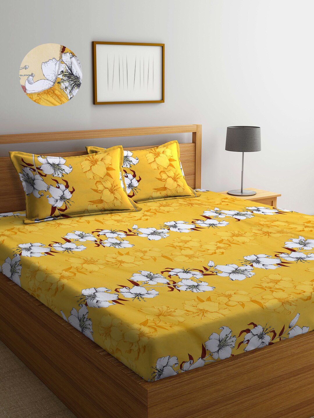 Arrabi Yellow & White Floral 300 TC King Bedsheet with 2 Pillow Covers Price in India