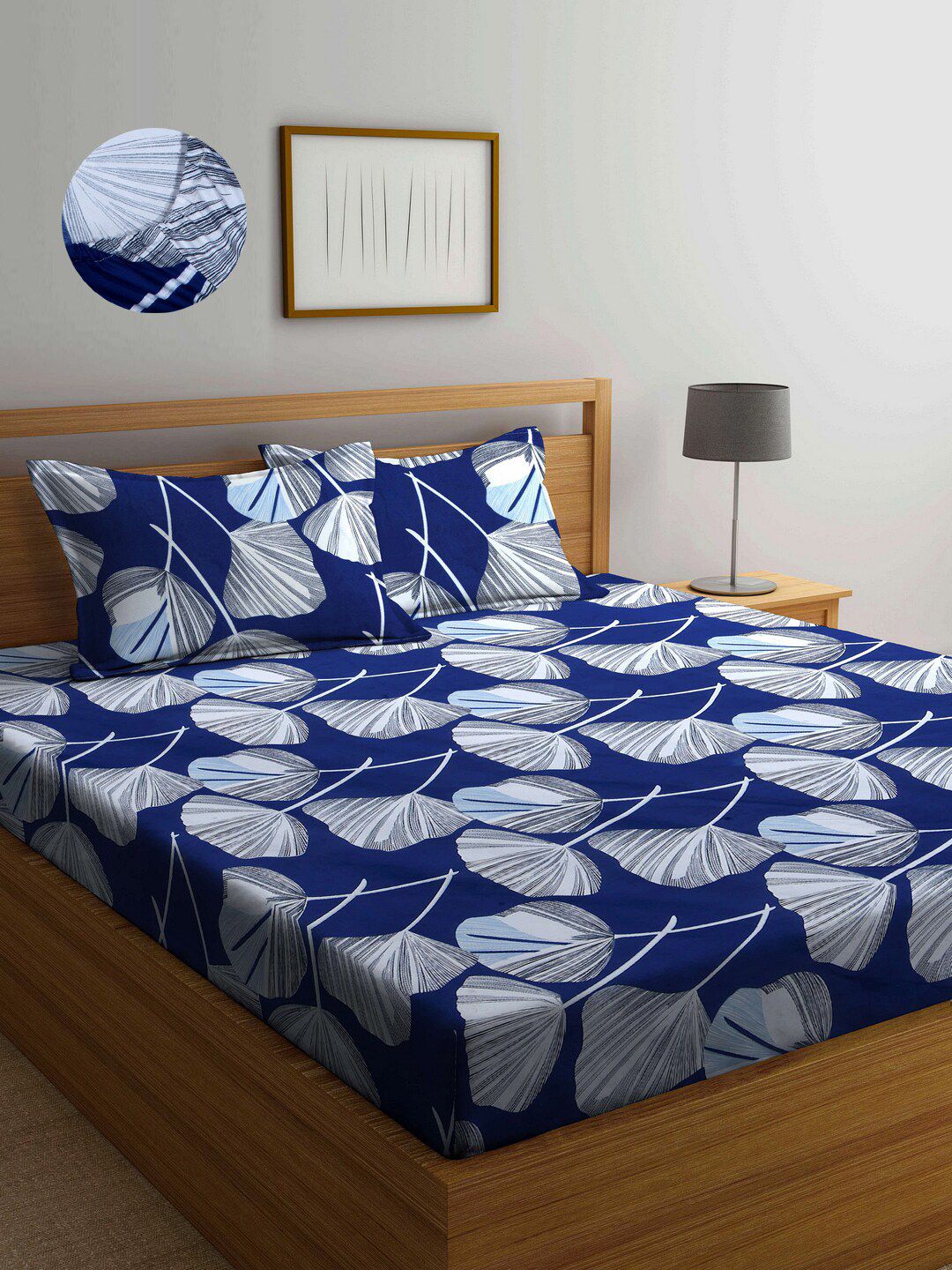 Arrabi Blue & White Floral 300 TC King Bedsheet with 2 Pillow Covers Price in India