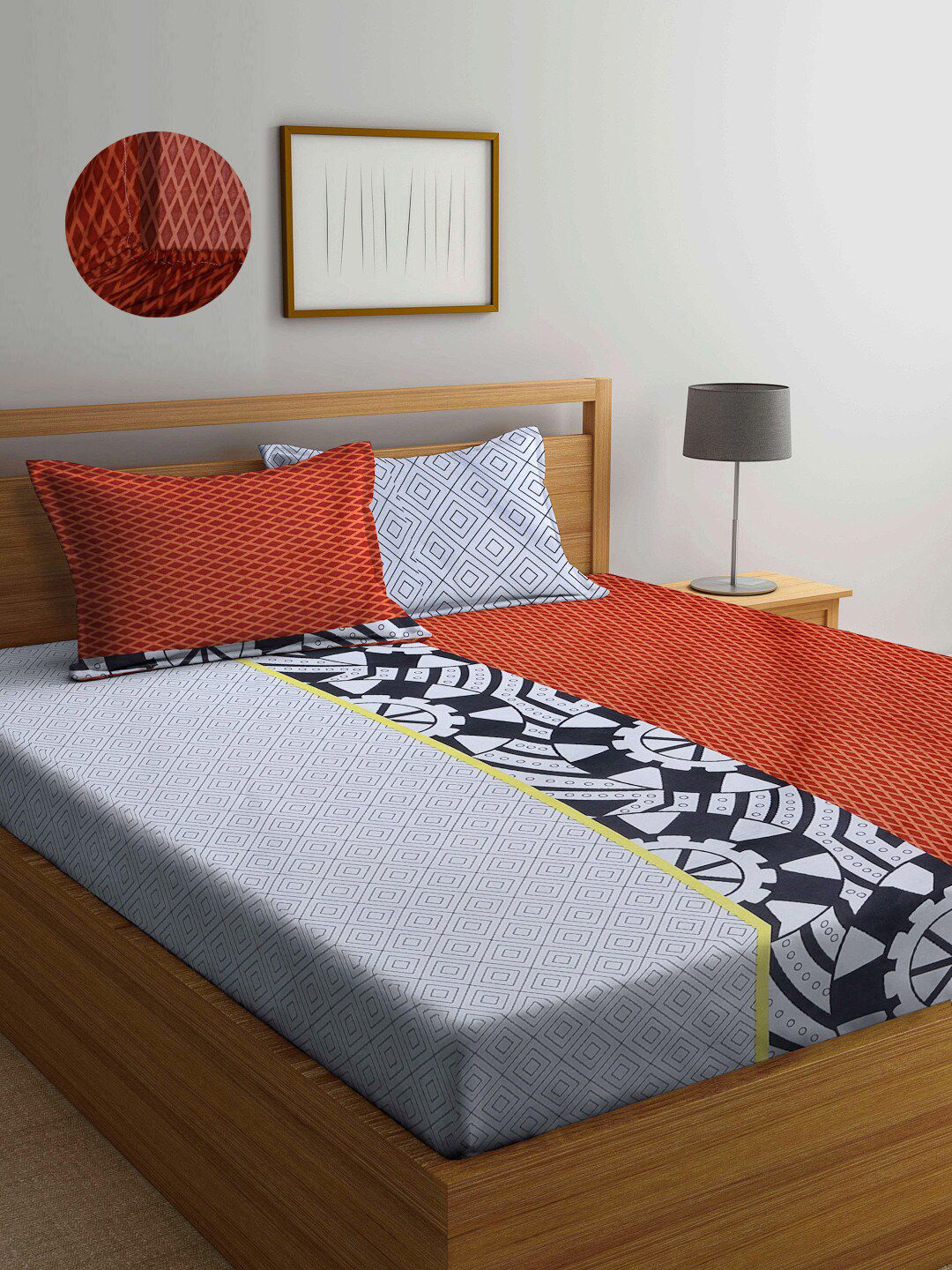 Arrabi Red & White Graphic 300 TC King Bedsheet with 2 Pillow Covers Price in India