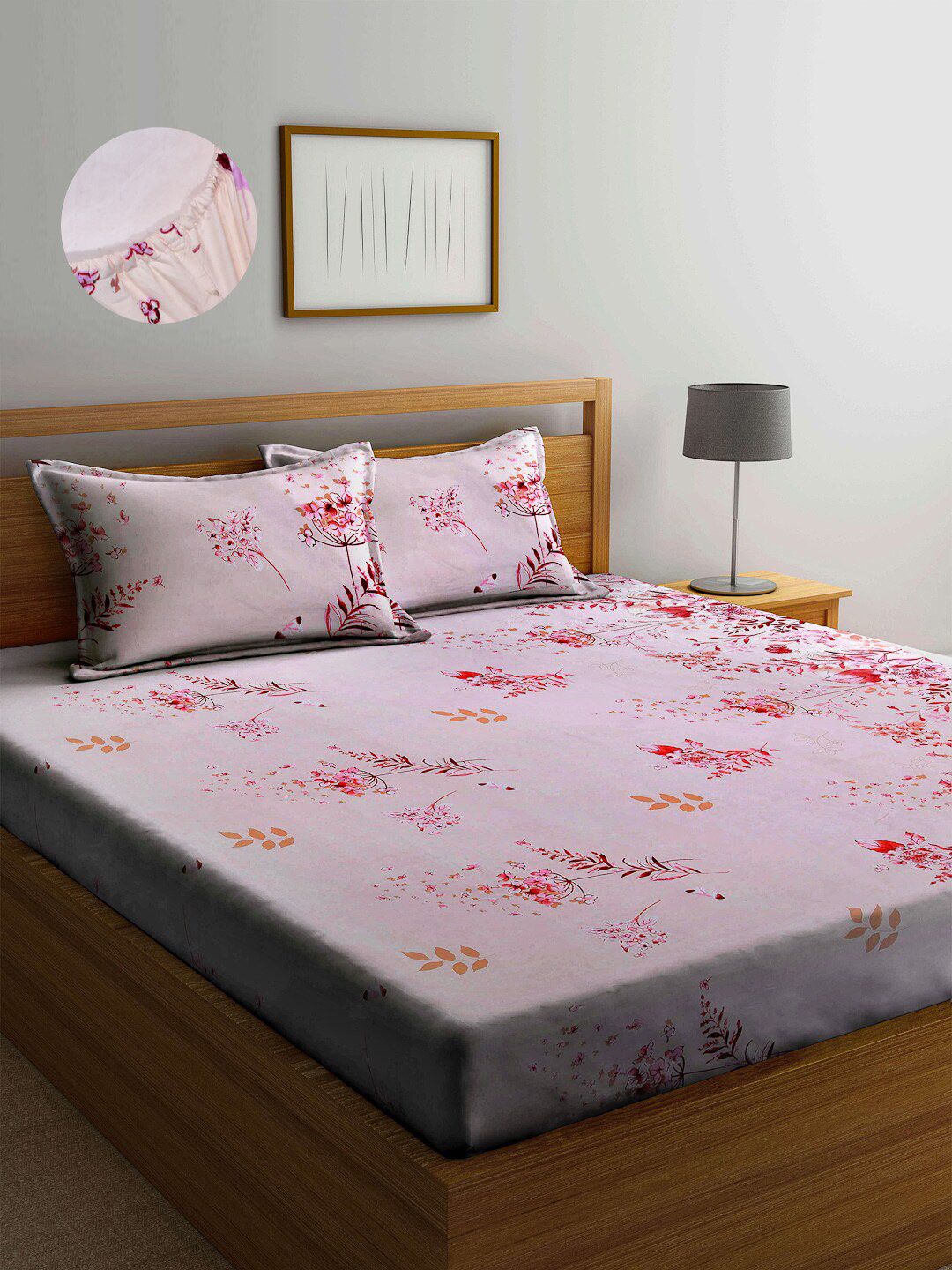 Arrabi Pink & Orange Floral 300 TC King Bedsheet with 2 Pillow Covers Price in India