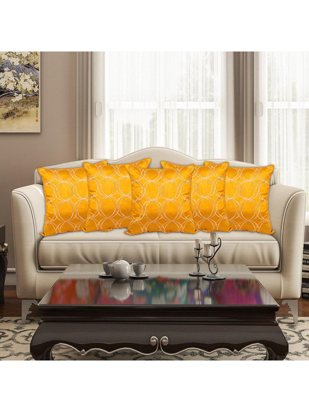 INDHOME LIFE Yellow & Gold-Toned Set of 5 Embroidered Square Cushion Covers 16 x 16 inches Price in India