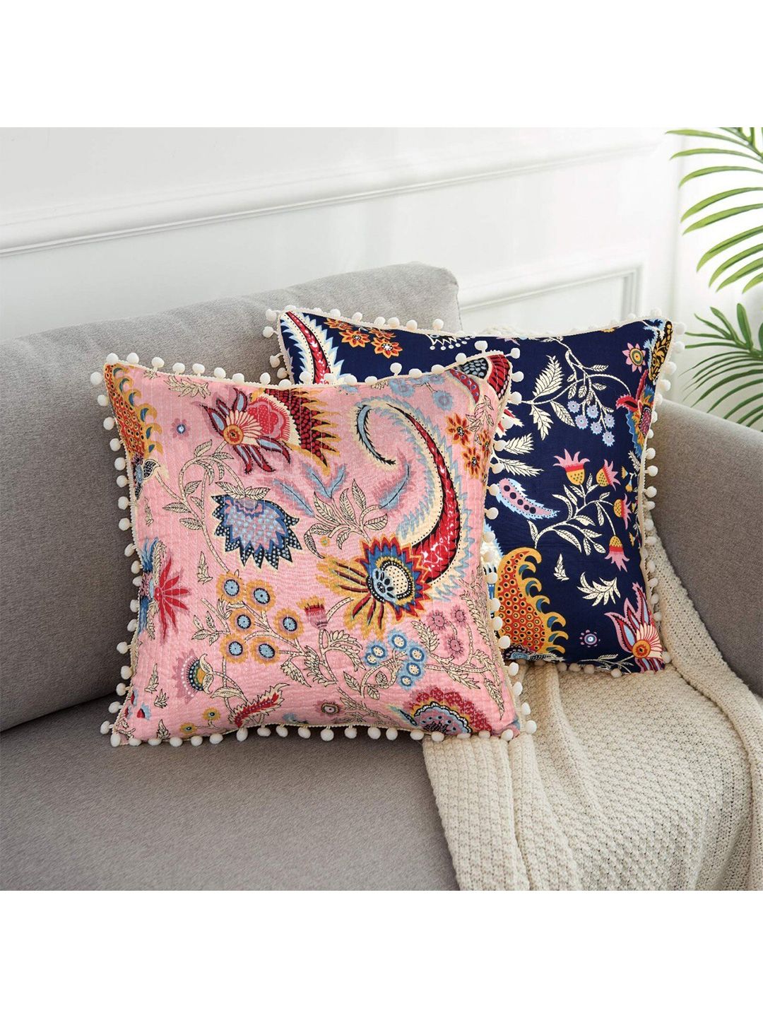 INDHOME LIFE Pink & Black Set of 2 Floral Square Cushion Covers Price in India