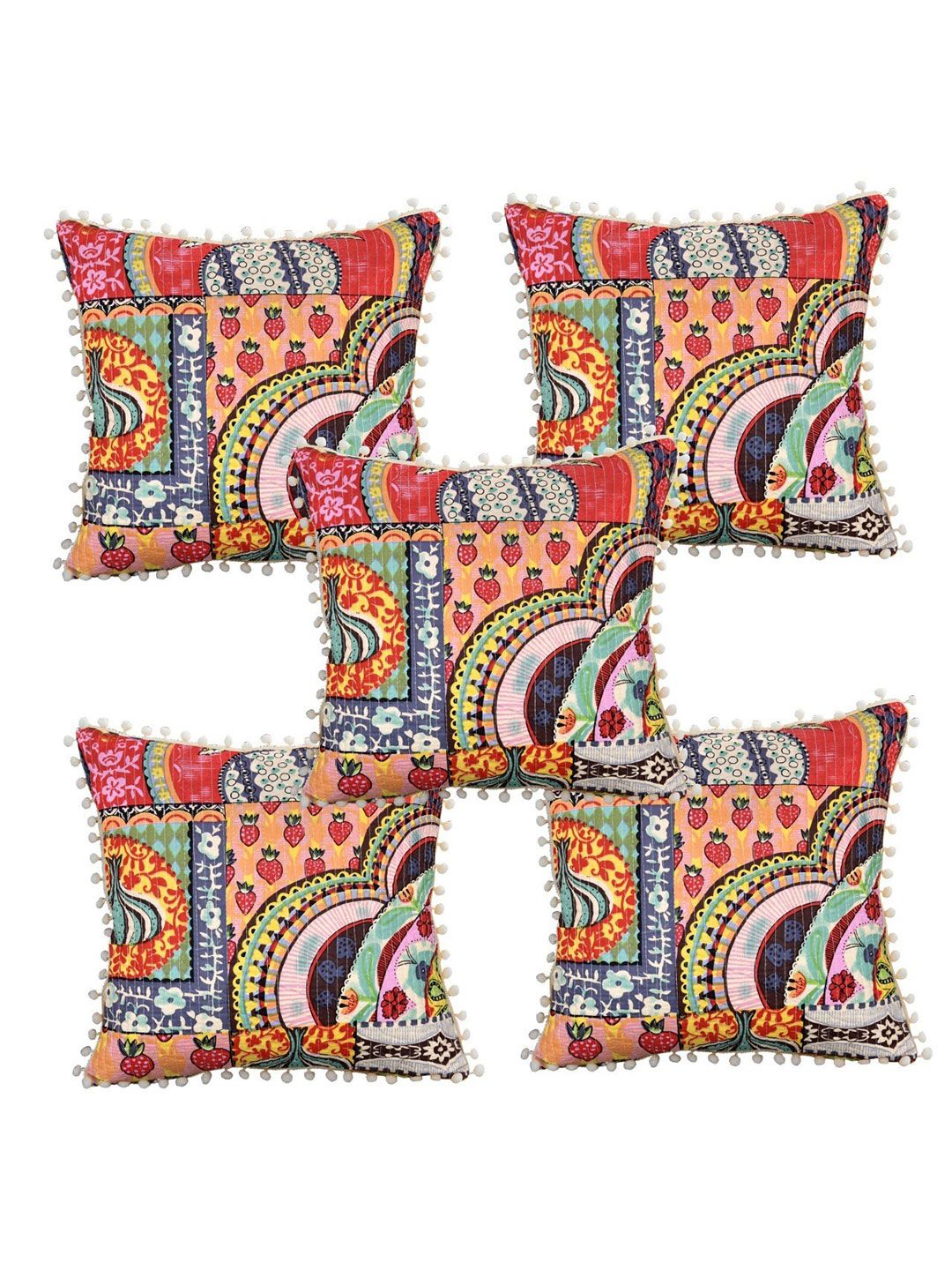 INDHOME LIFE Multi Colour  Set of 5 Japuri Printed Square Cushion Covers Price in India