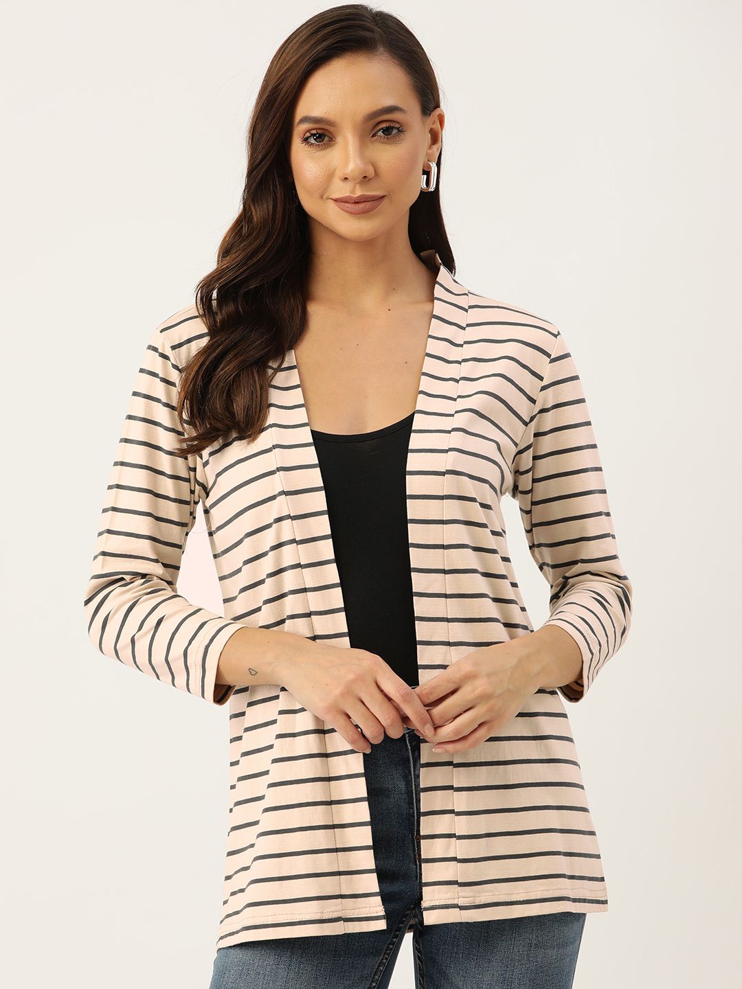 WISSTLER Women Beige & Black Striped Pure Cotton Front-Open Shrug